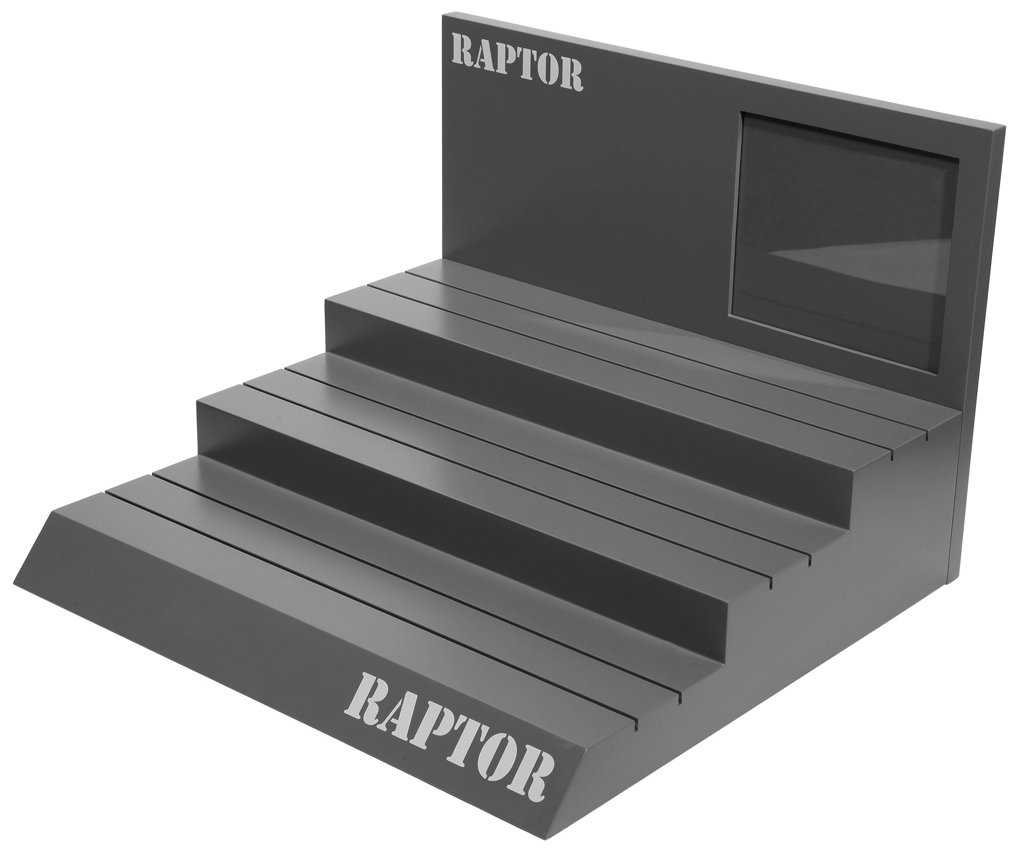Raptor Uhrendisplay, grau mit Uhrenaufsteller, 44 cm x 44 cm x 30 cm