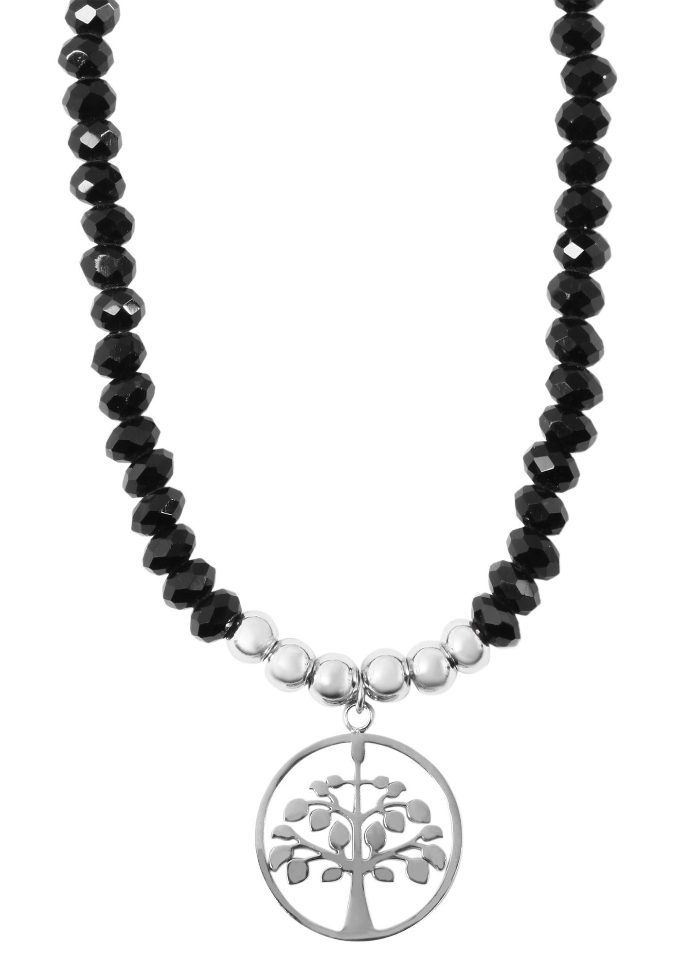 "Tranquility", Akzent Edelstahl Kette, Glasperlen, Lebensbaumanhänger, schwarz/silberfarben, 42+5 cm