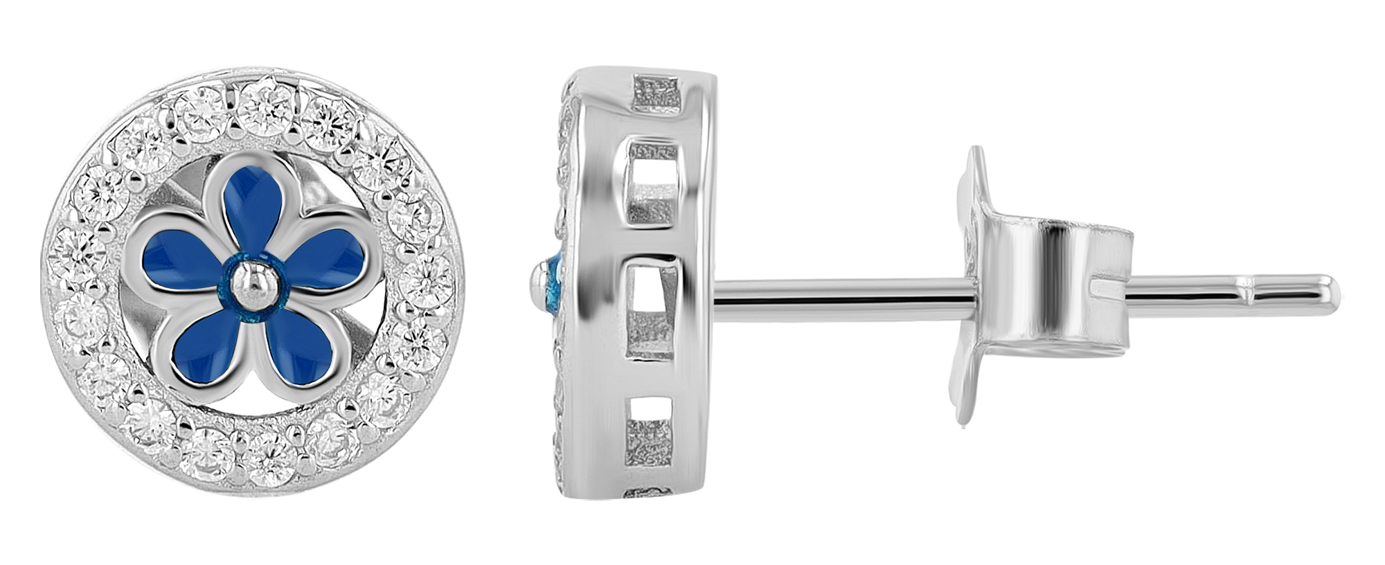 "Lucretia", 925/- Echt Silber Ohrstecker - Blume, silberfarben rhodiniert/ blau