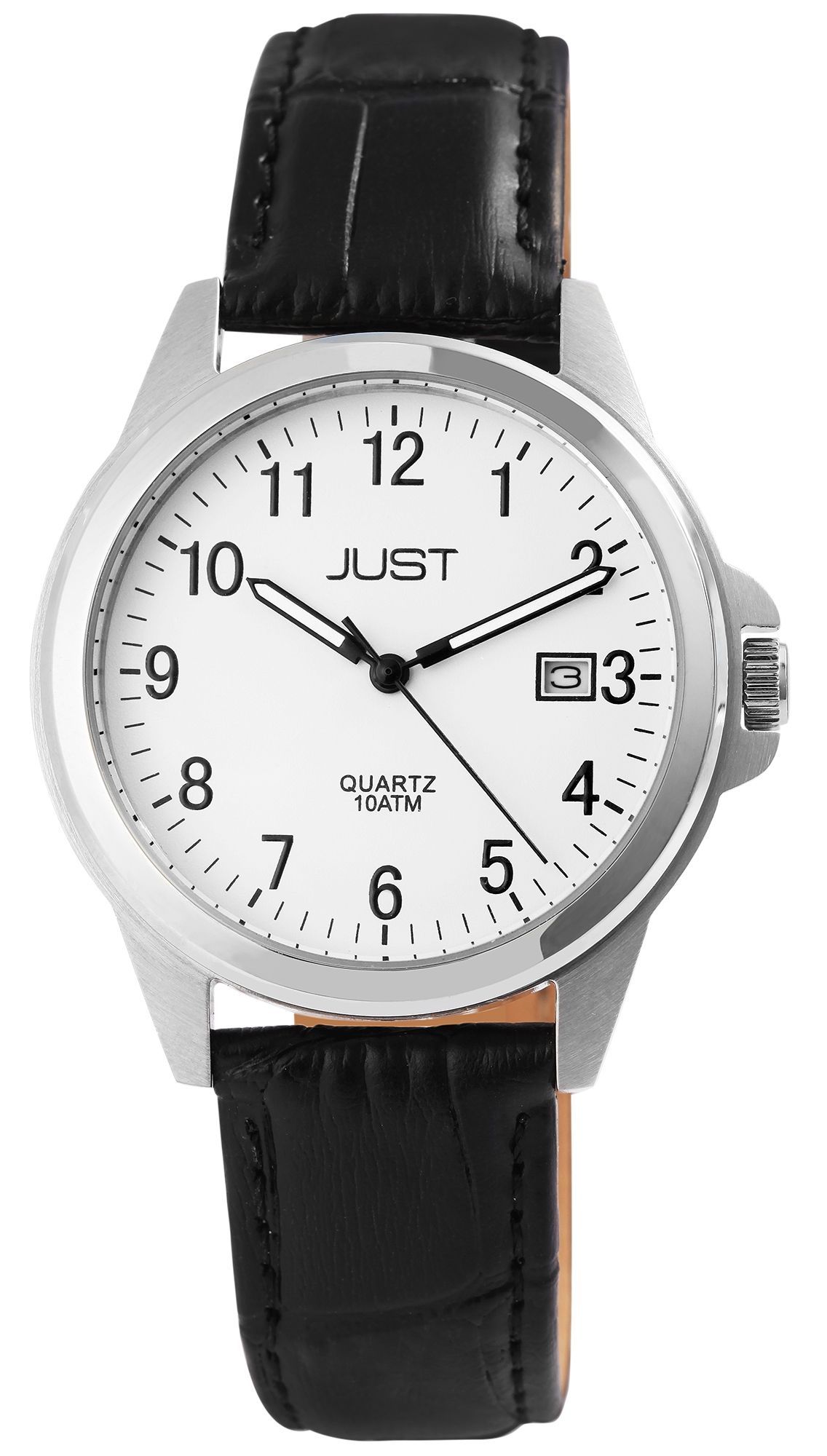 Just Echtleder Herrenarmbanduhr, 3-Zeiger, Datumsanzeige, schwarz/silberfarbig