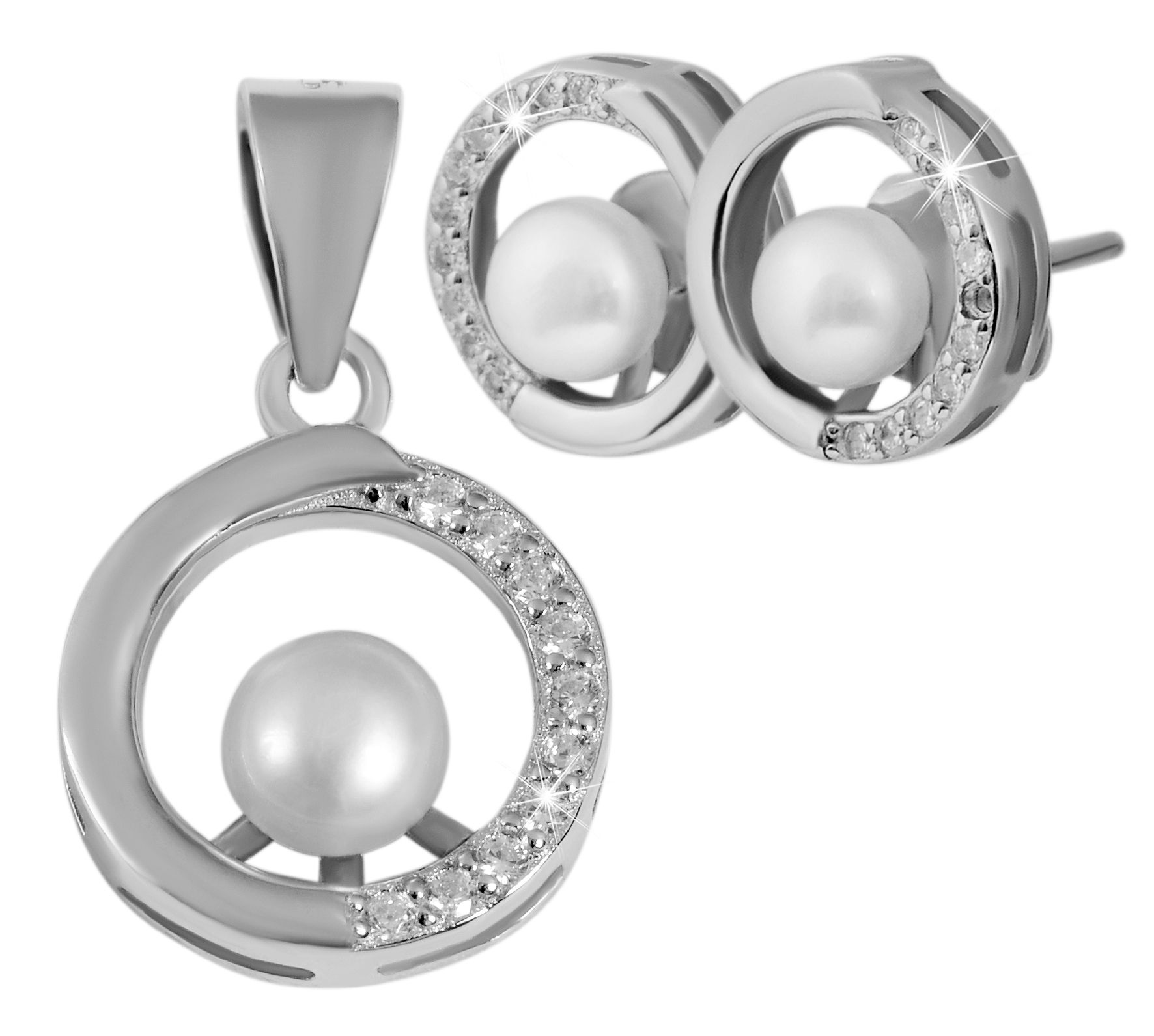 925/- Echt Silber Perlen Schmuckset Anhänger "Ediesa", Ohrstecker rund mit Zirkonia