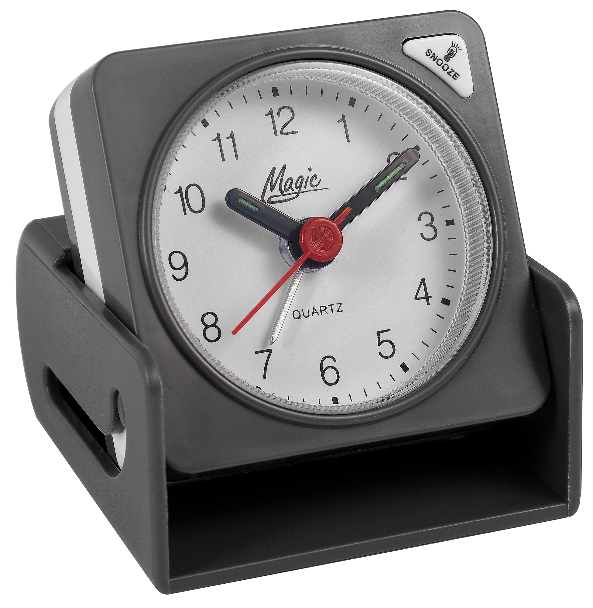 Magic Quartz-Reise-Wecker im Klappetui (Snooze/ Licht)  6 x 6,5 cm, grau/ weiß