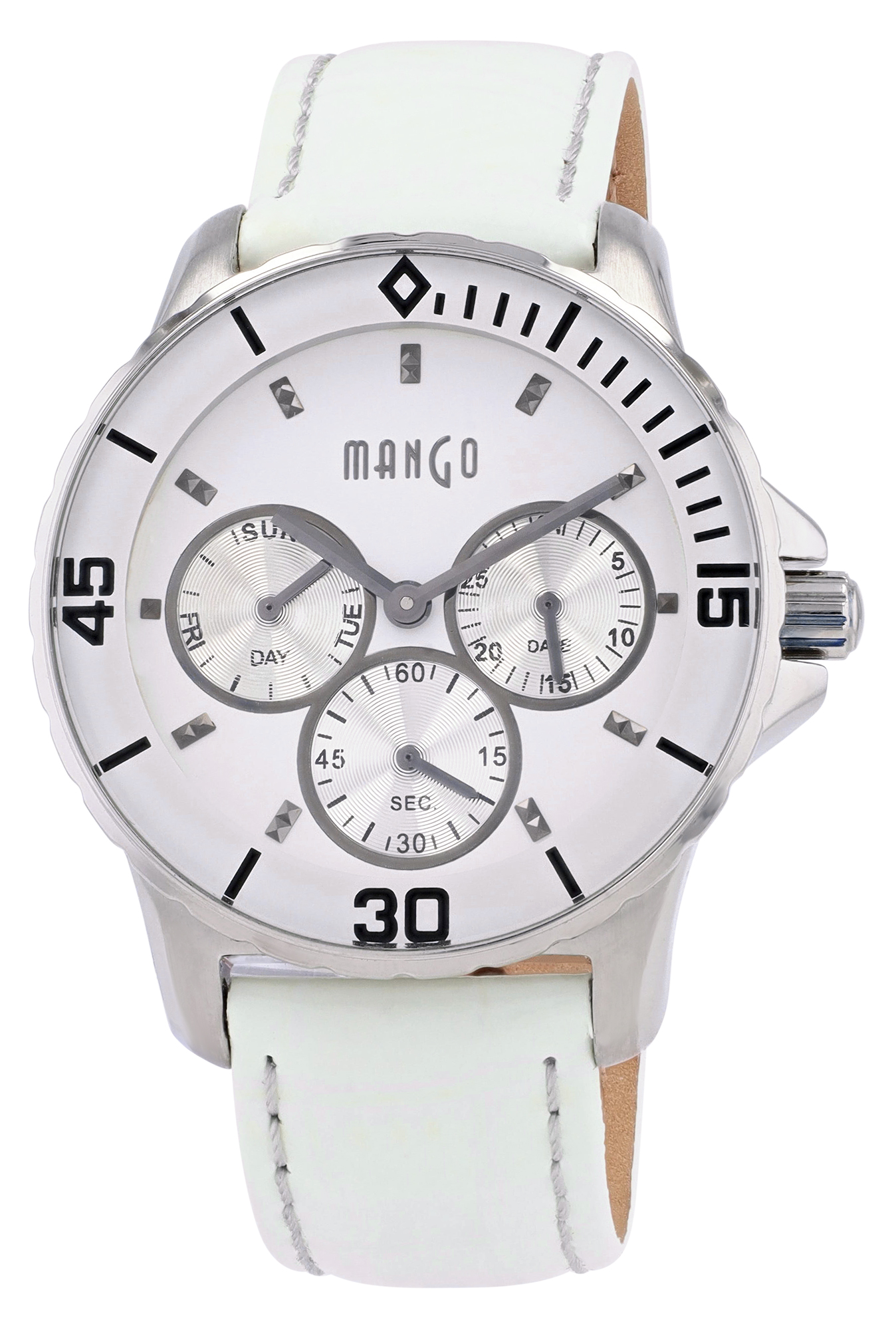 Mango Damenuhr Ø 37 mm, Echtlederband, weiß/ silberfarben