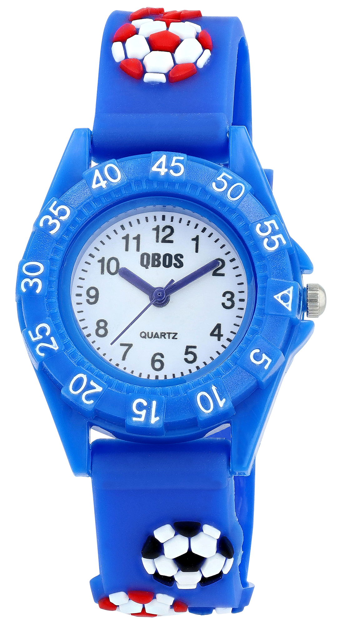 Qbos Kinderuhr mit Silikonband, Motiv Fußball, Ø 28 mm, blau