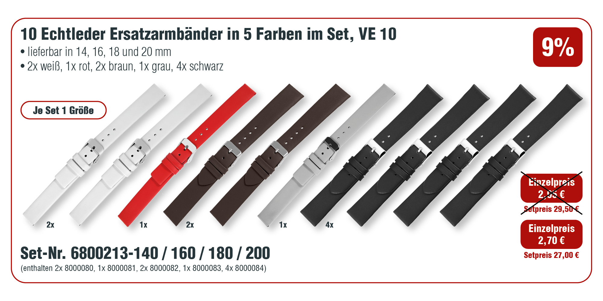 10  Echt Leder Ersatzuhrenarmbänder in 5 Farben im Set, VE 10
