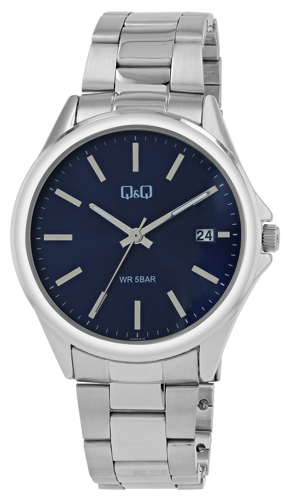 Q&Q Herrenuhr mit Edelstahlarmband, 5 ATM, Datumsanzeige, silberfarben/ZB blau