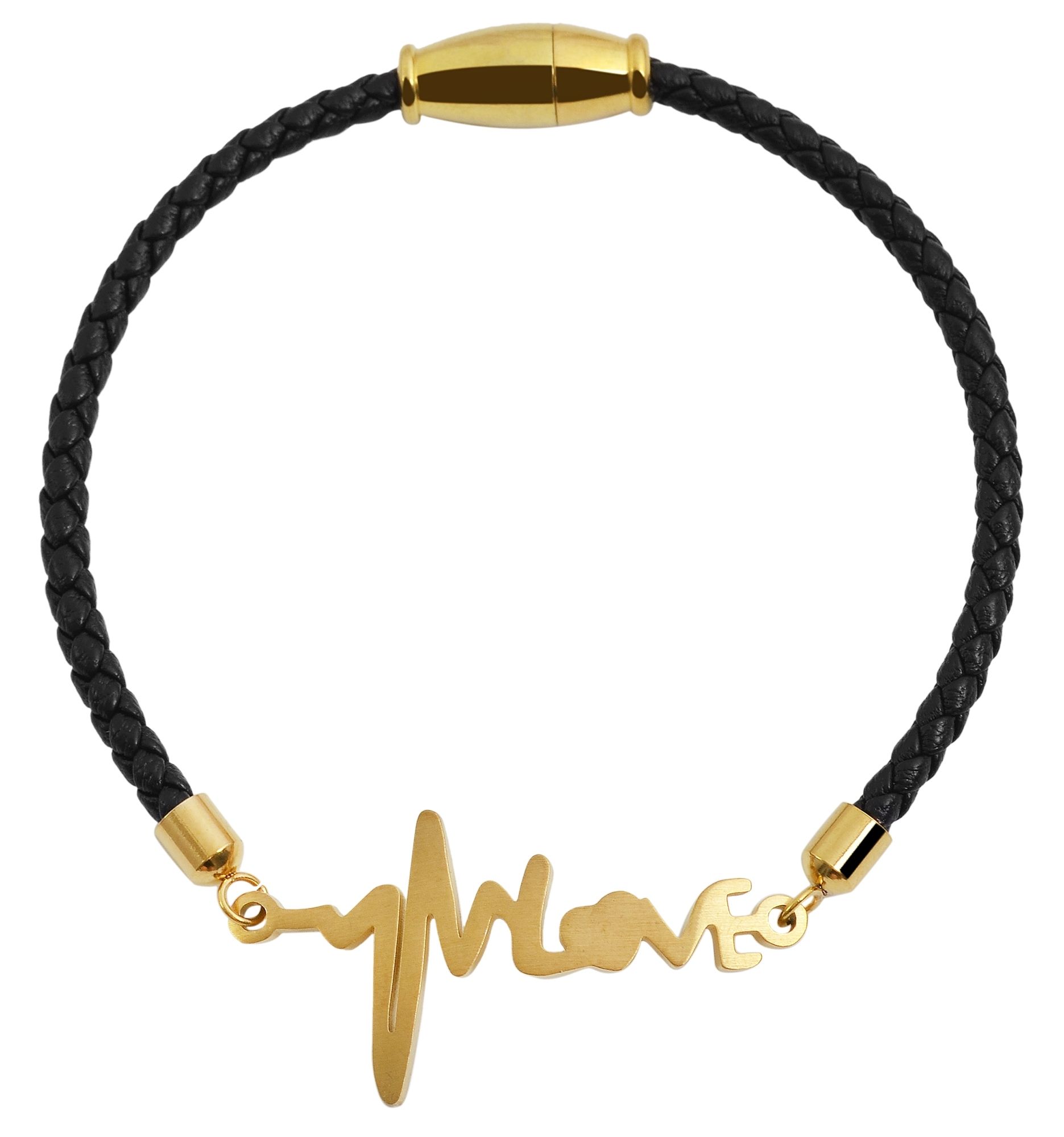 Akzent Echtlederarmband mit Edelstahlelement Herzschlagsymbol, schwarz/goldfarben
