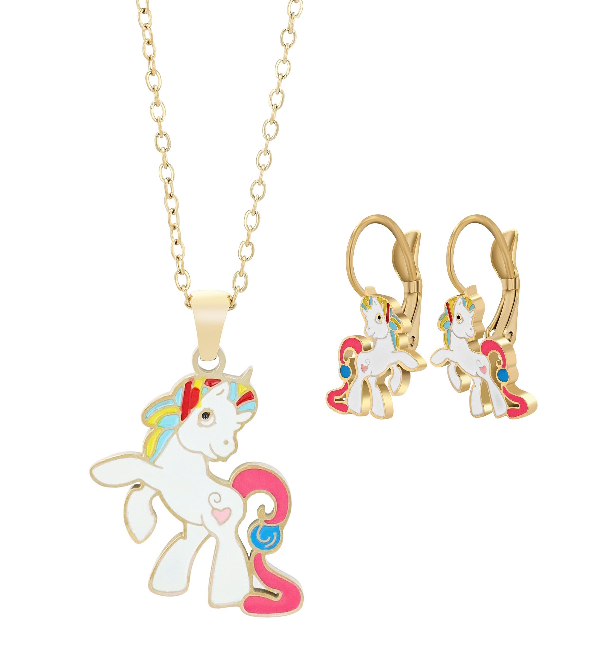 "Solara" Edelstahl Kinder Schmuckset - Einhorn, Kette (45+5cm) mit Anhänger und Ohrhängern, goldfarben