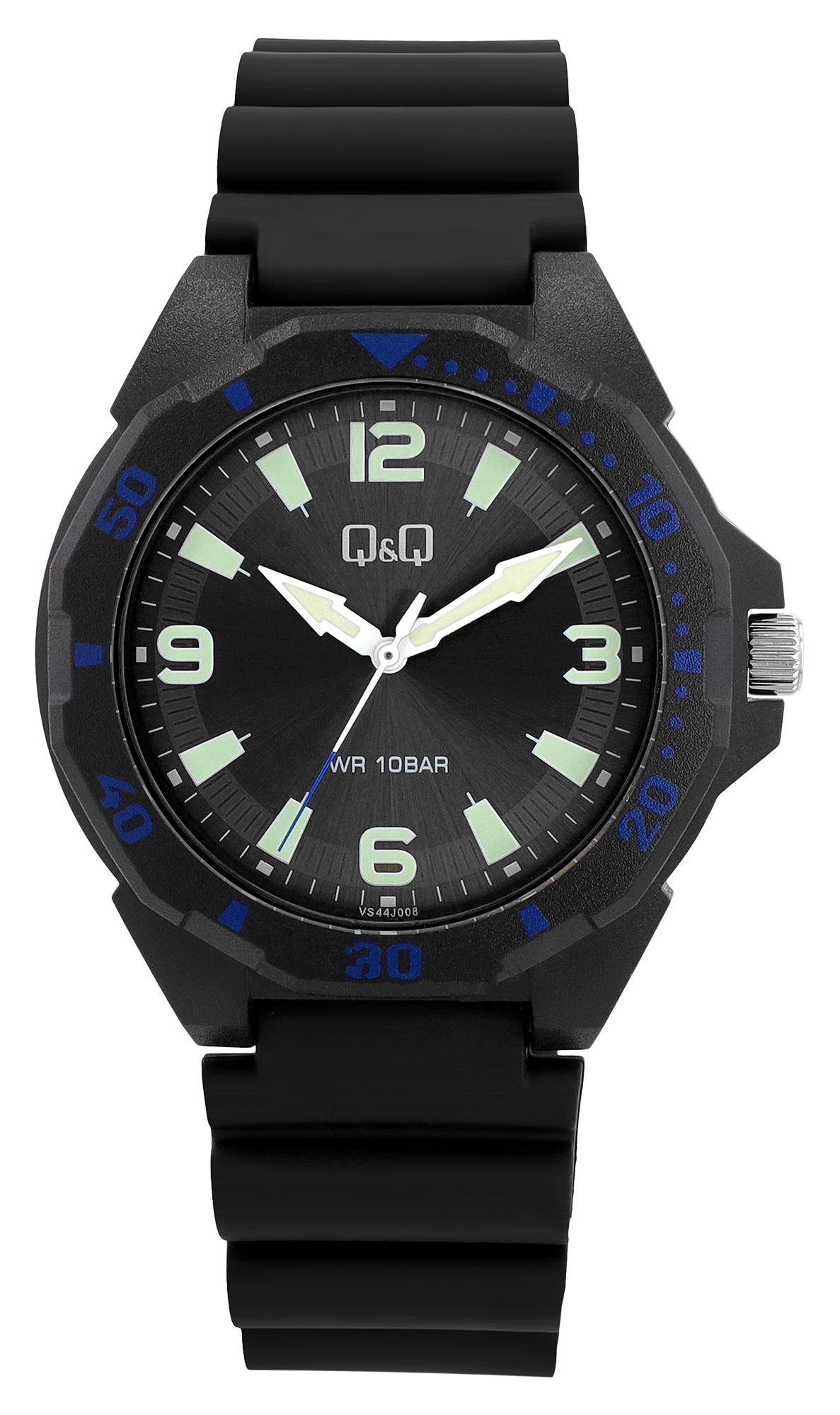 Q&Q Herrenuhr, Resinband, Ø 43 mm, schwarz/ blaue Details
