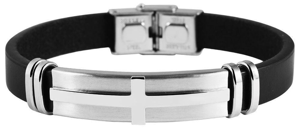 "Donit", Akzent Echtlederarmband mit Edelstahlelement Kreuz, schwarz/silberfarben