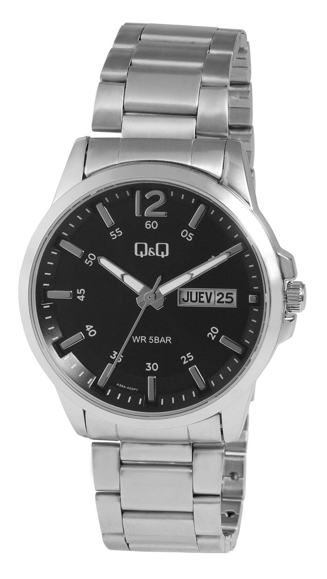 Q&Q Herrenuhr mit Edelstahlarmband, 5 ATM, spanisch & englische Wochentags- und Datumsanzeige, silberfarben/schwarz