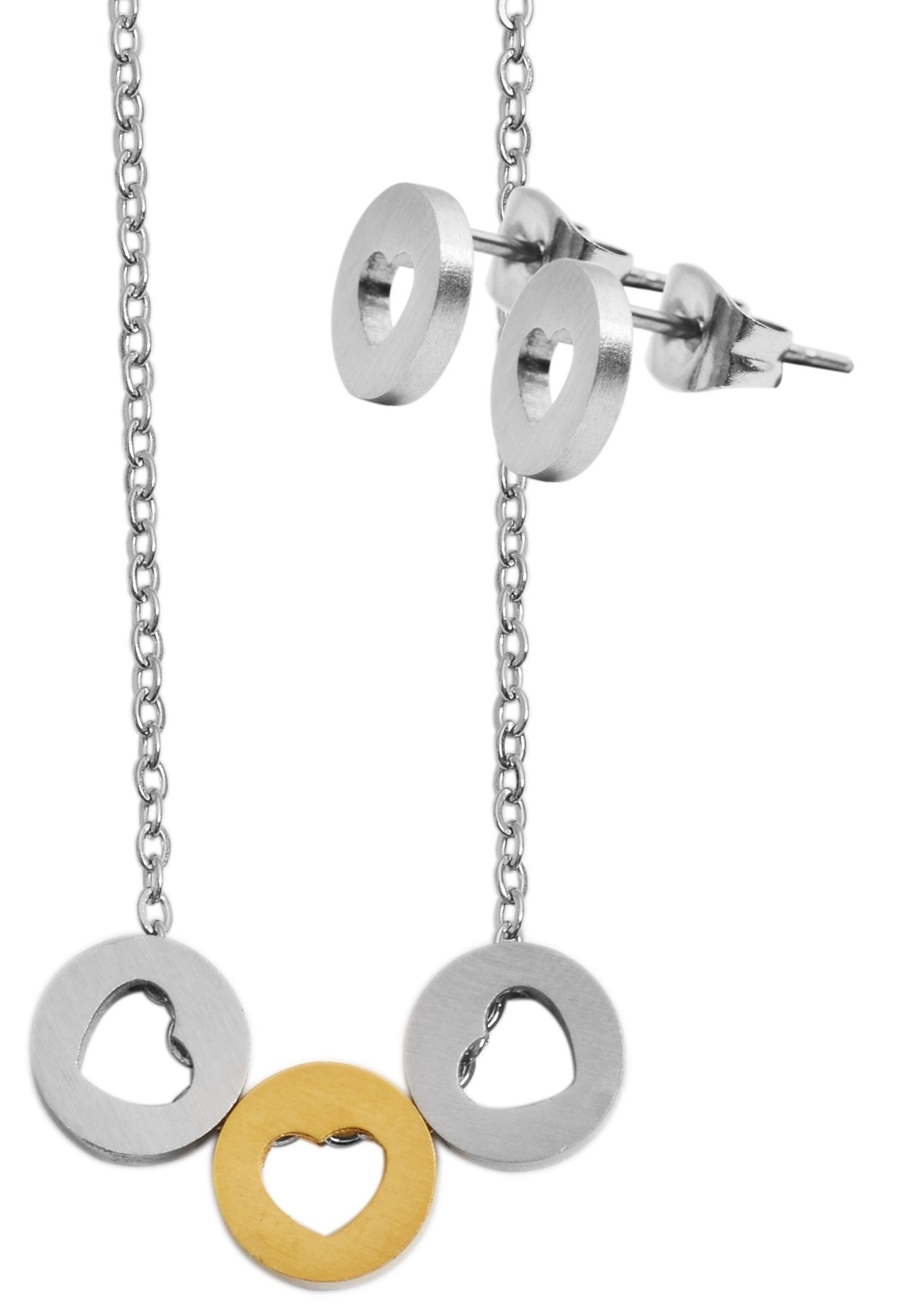 Akzent Edelstahl Schmuckset Kette + Ohrstecker, Kreis/ Herz, matt, silber-& goldfarbig