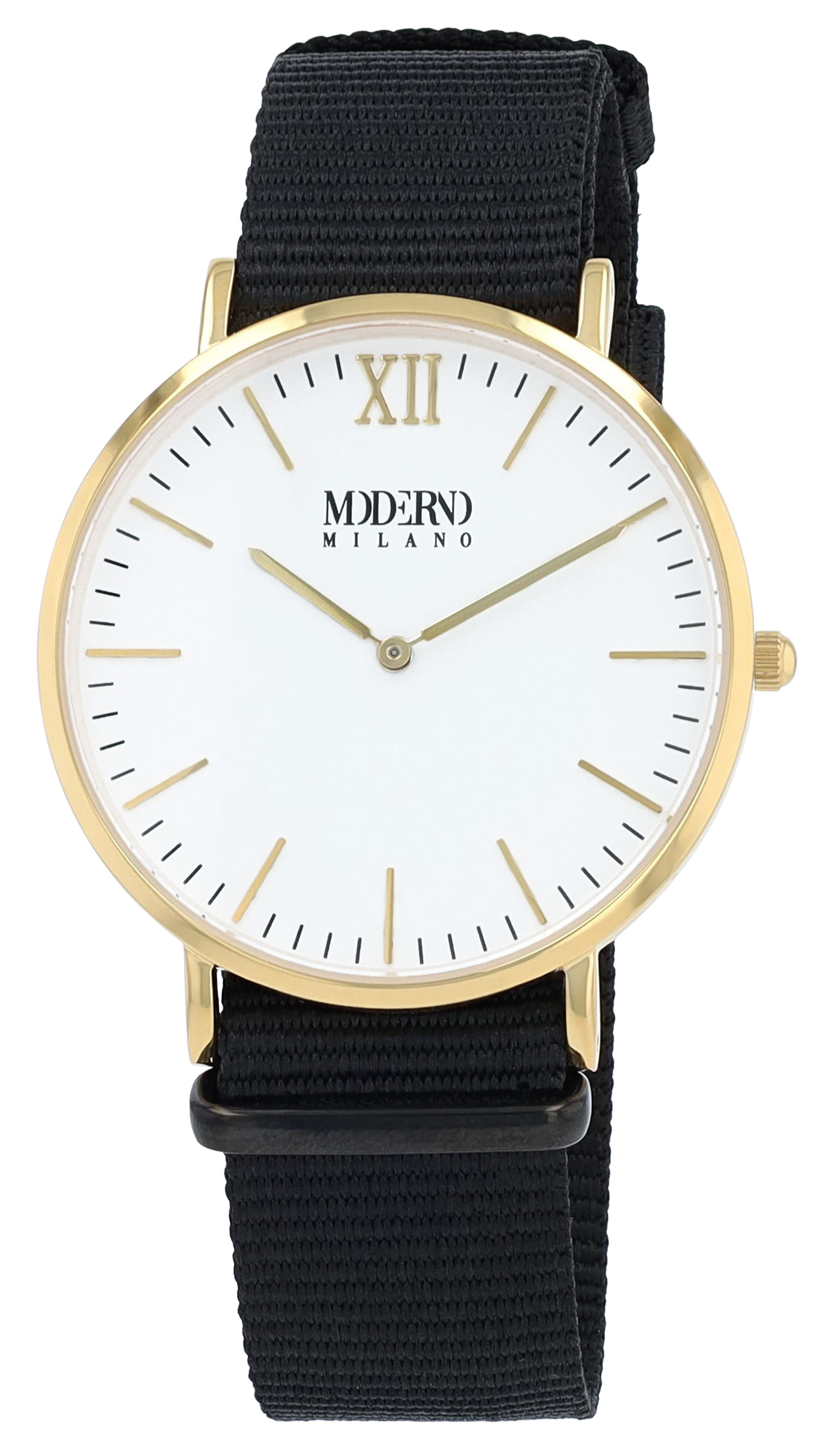 Moderno Milano Edelstahl Herrenuhr 41 mm, Saphirglas & Nylon-NATO-Band (schwarz), goldfarben