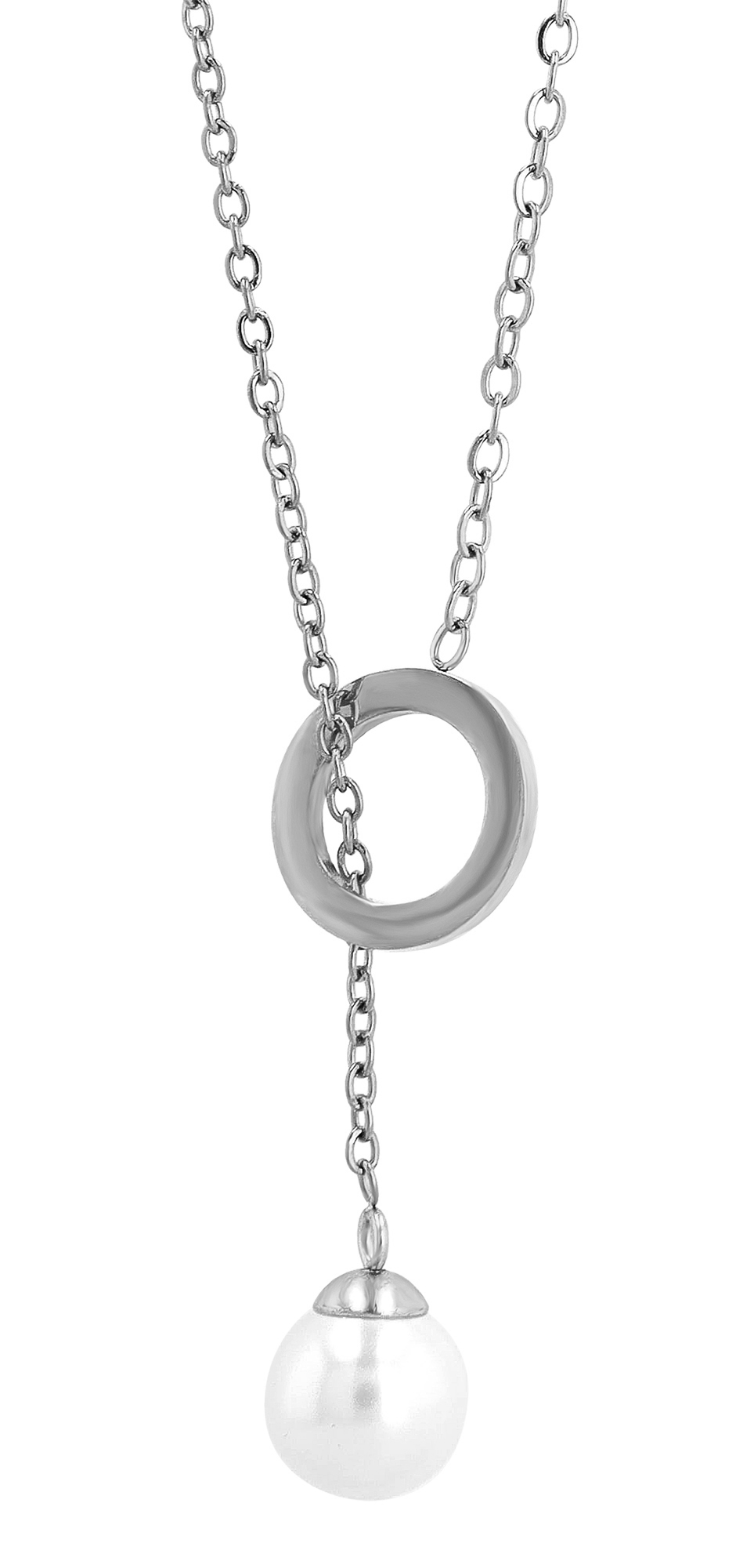 "Dunda", Akzent Ankerkette, Edelstahl, Perle & Ring, poliert, silberfarben, 45 cm