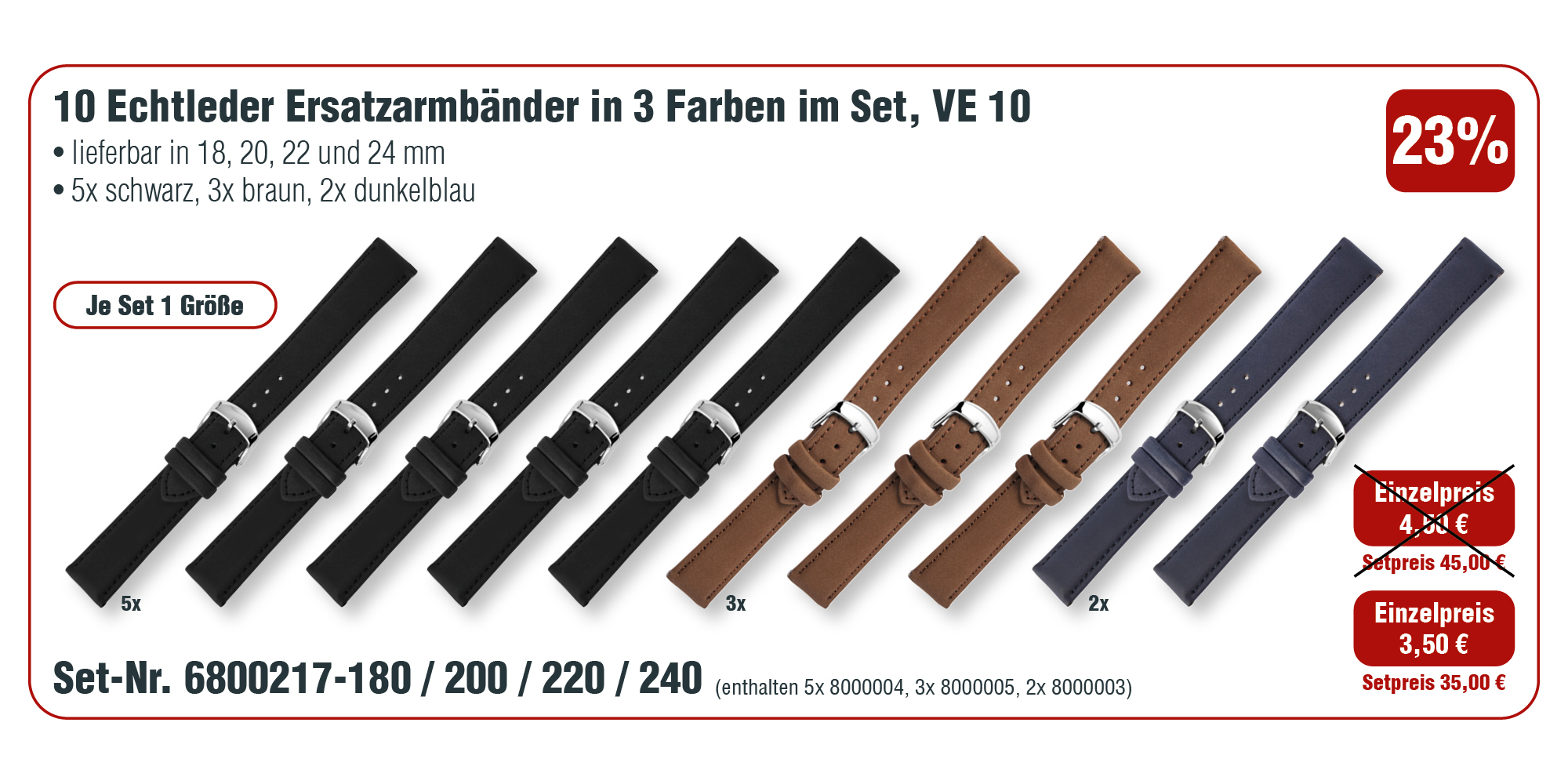 10  Echt Leder Ersatzuhrenarmbänder in 3 Farben im Set, VE 10