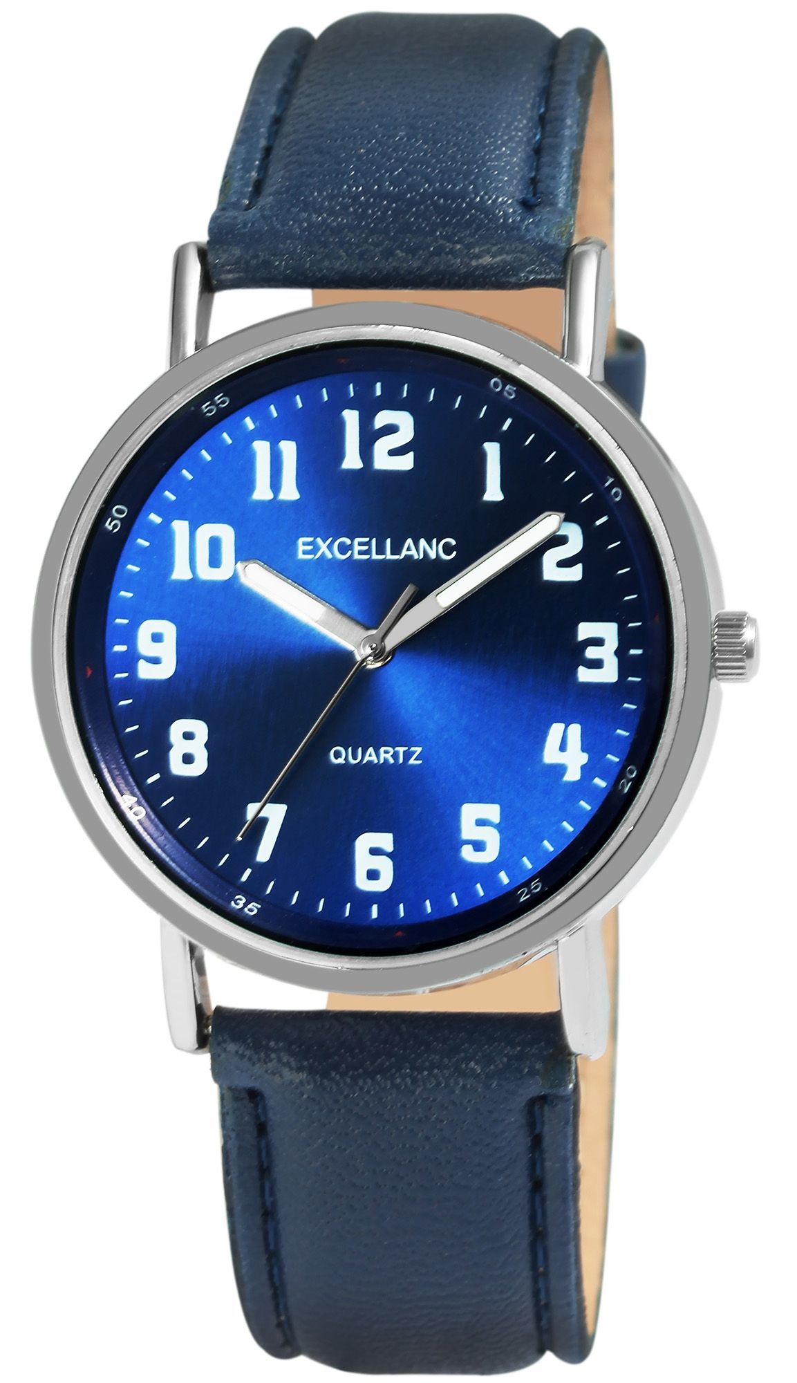 Excellanc Herrenuhr mit Lederimitationsarmband Leuchtzeiger, blau/silberfarben
