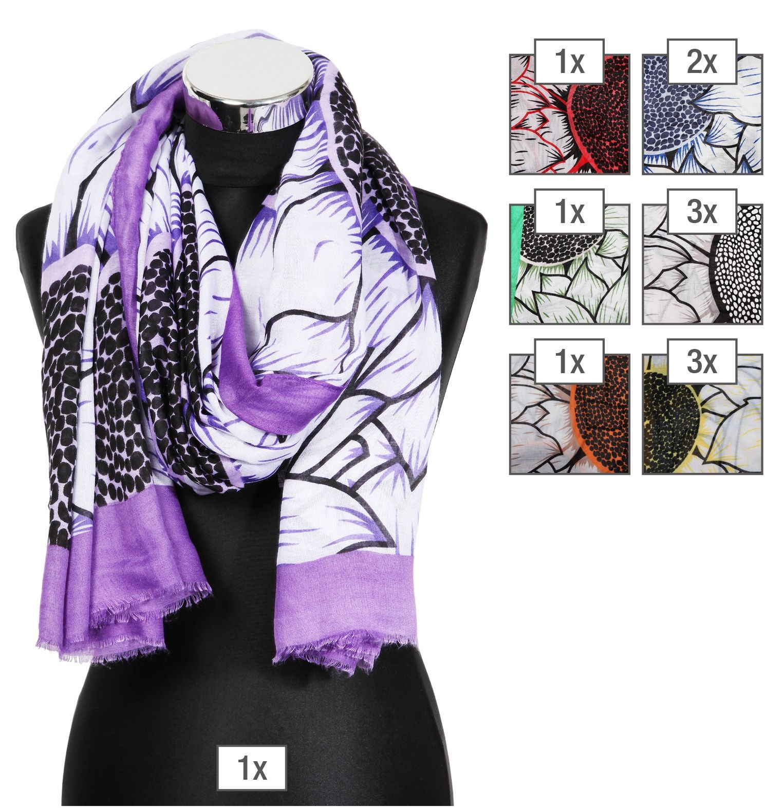 Schalpaket farblich sortiert, 100% Polyester, 90x180cm, VE 12,  jeder Schal verkaufsfertig mit Bügel ausgestattet