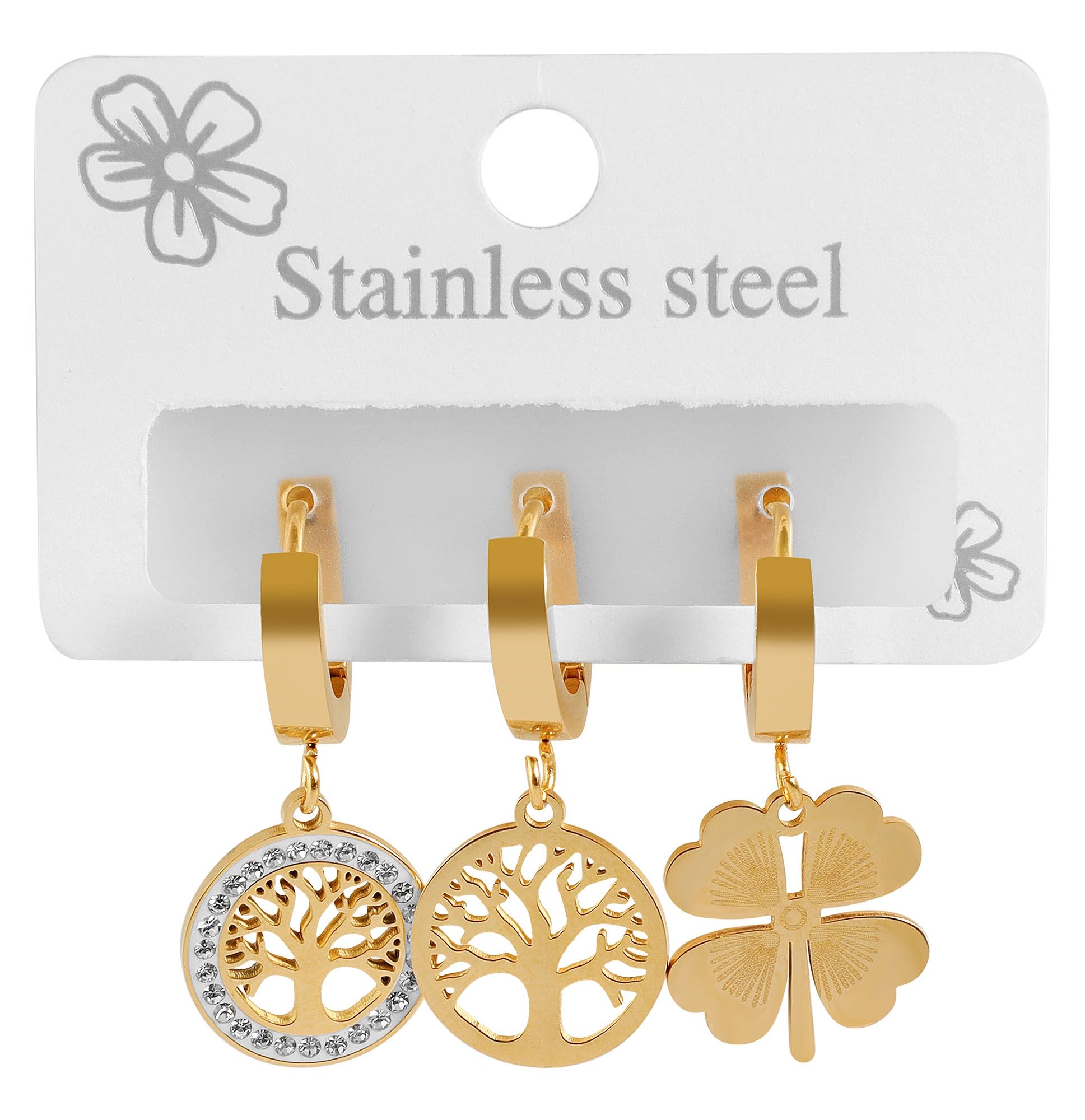 Akzent 3er Creolen Set aus Edelstahl, Lebensbaum & Kleeblatt, goldfarben