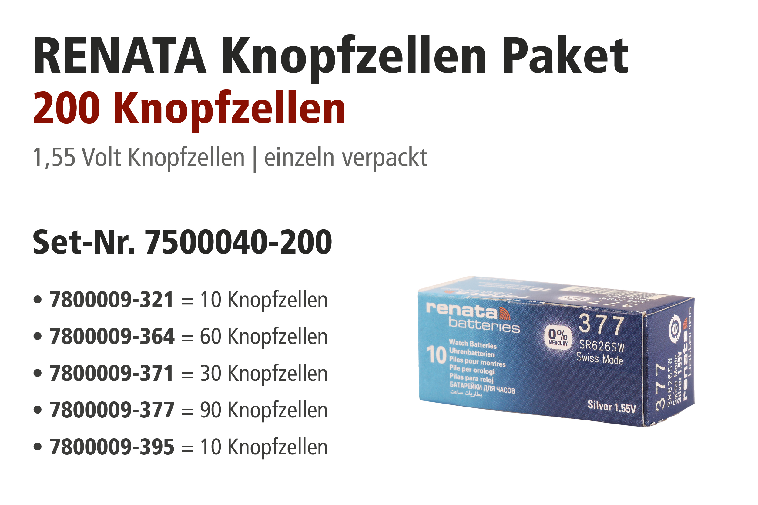 Renata Aktionspakete, 200 Batterien, 321, 364, 371, 377, 395 sortiert
