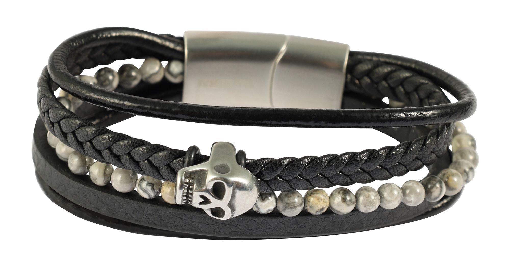 "Lennie" Totenkopf, 23 cm, Armband aus Lederimitat mit grauem Jaspis, 4-VE