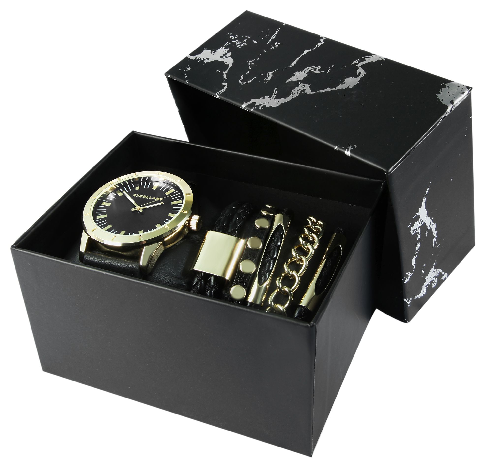 Excellanc Geschenkset mit Herren Armbanduhr und fünf Armbändern, schwarz/goldfarben