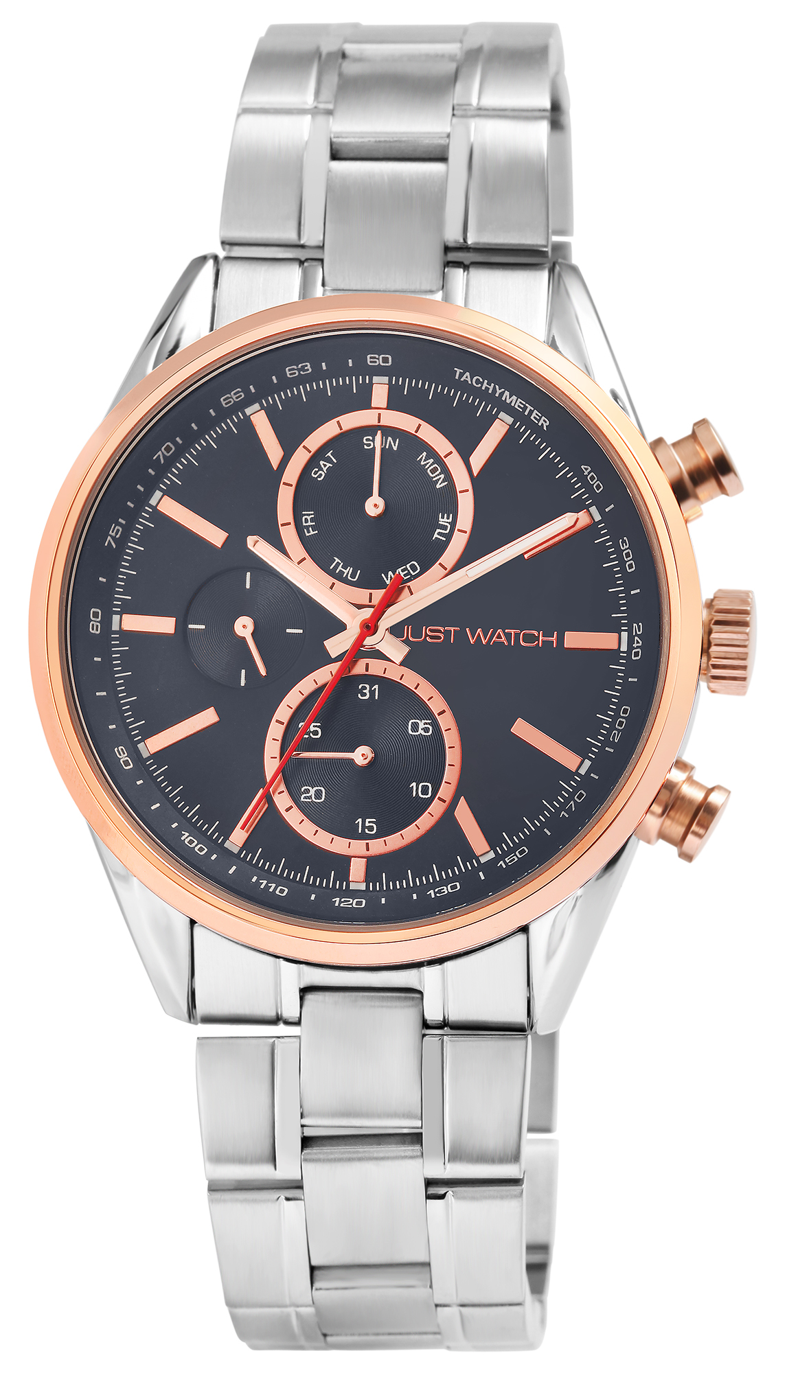 Just Watch Herrenuhr "Valcone" Edelstahlarmband, Datum- und Wochentagsanzeige, silber-& roségoldfarben, blau