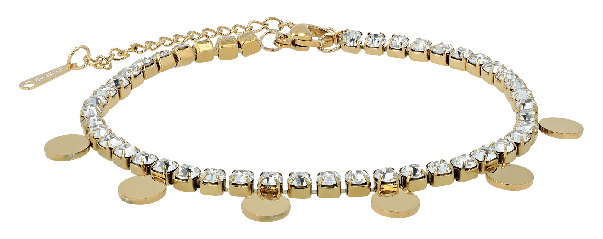 "Taline" Edelstahl Tennisarmband, Gravurplättchen, goldfarben, 17,5 cm