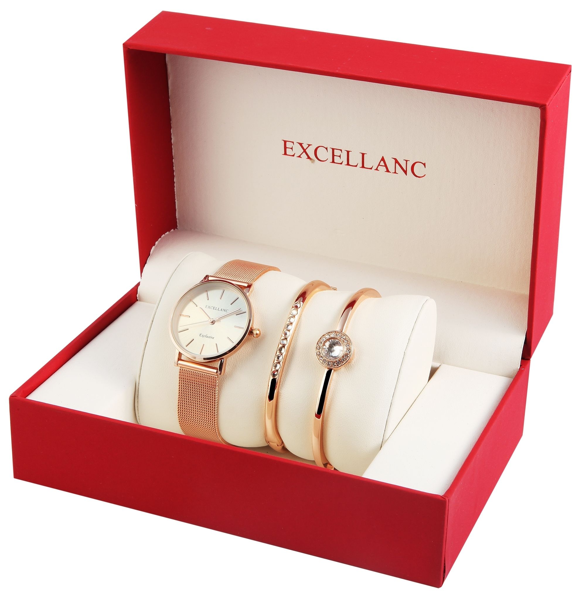 Excellanc Damengeschenkset mit Armbanduhr und zwei Armreifen, roségoldfarben/silberfarben