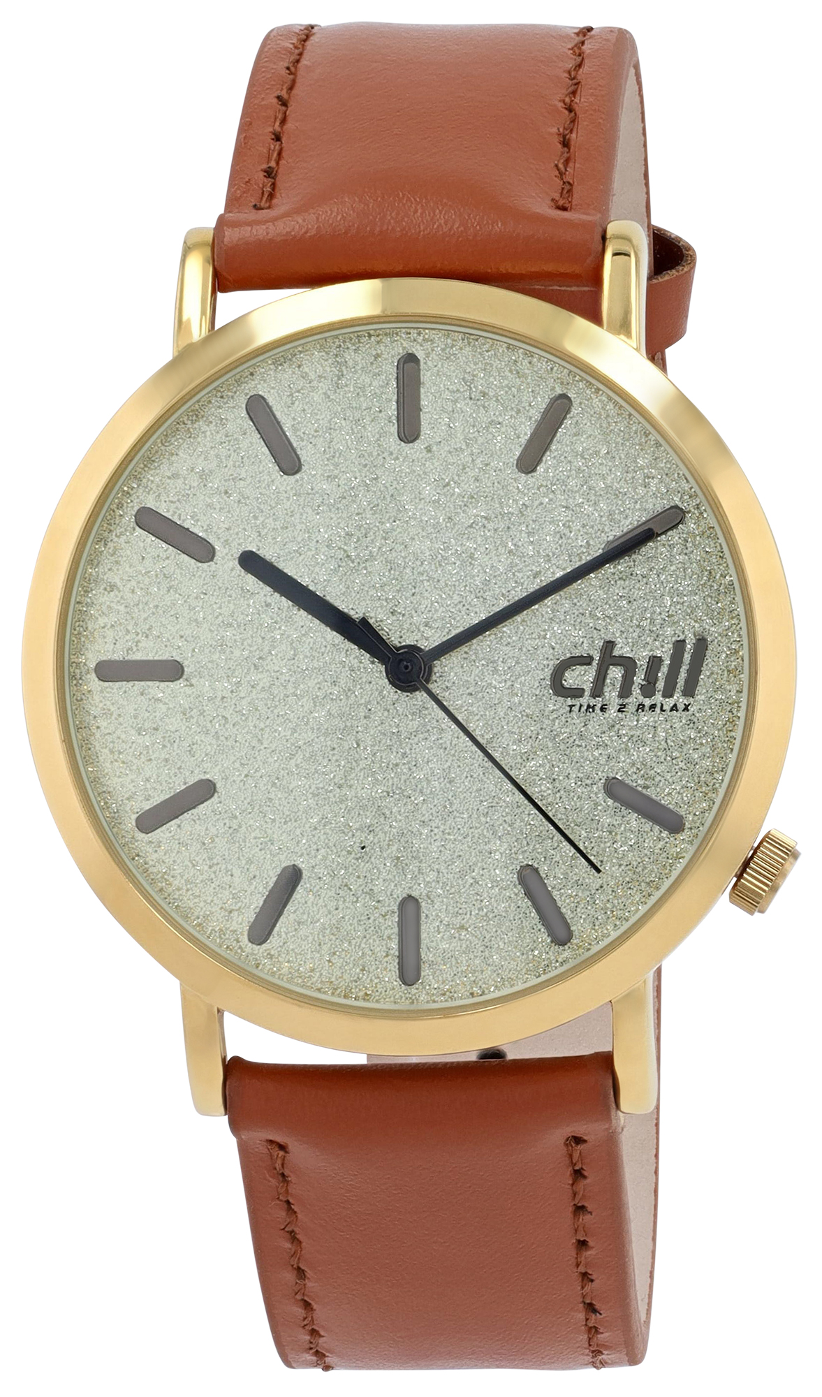 Chill, Damenuhr mit Lederimitat, Ø 40 mm, braun/ goldfarben/ Glitter-Optik
