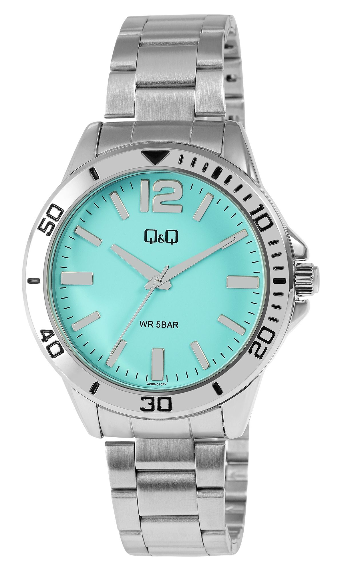 Q&Q Herrenuhr, Edelstahlarmband, silberfarben/hellblau, 5 ATM, Ø 44 mm