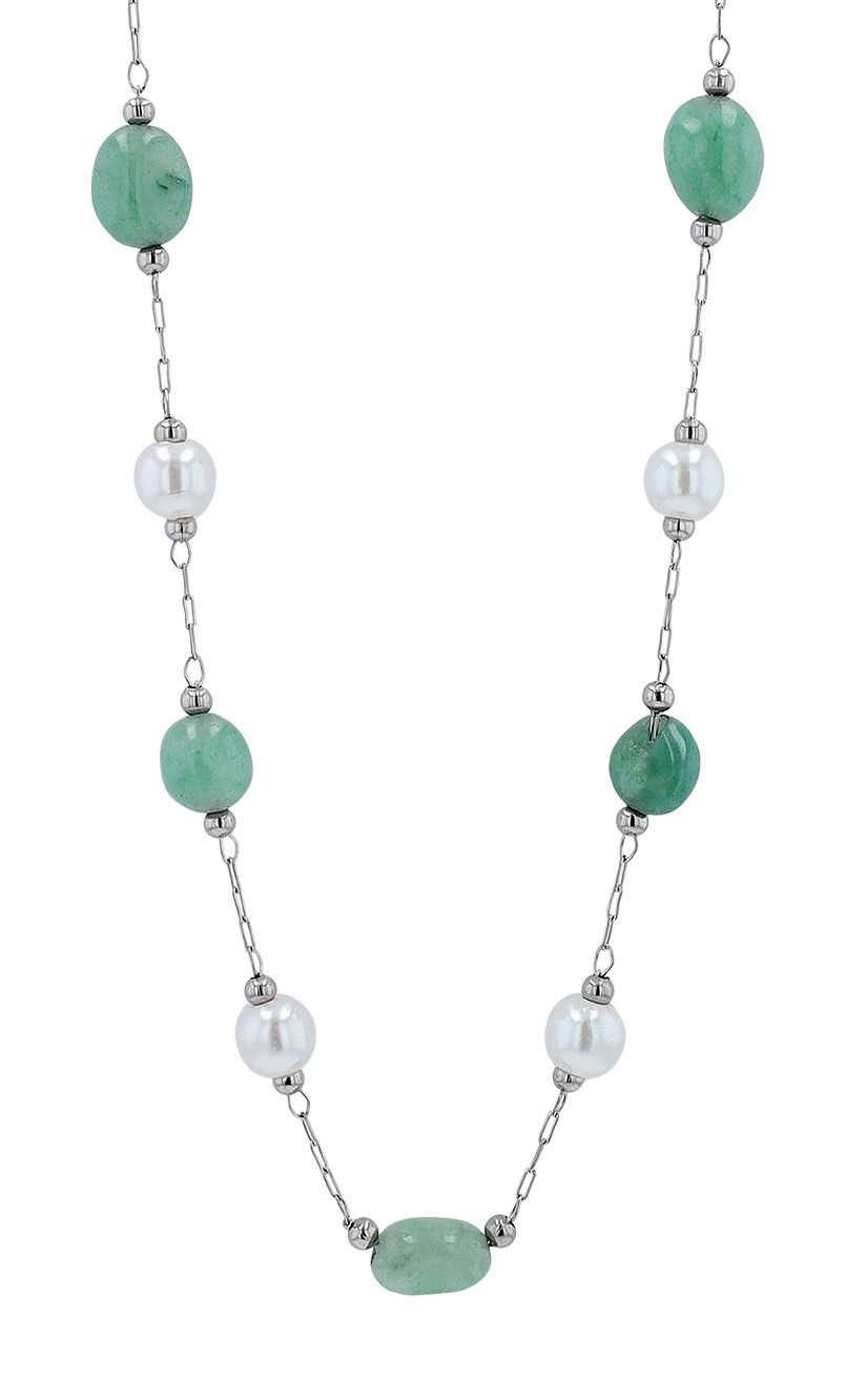 Akzent Halskette "Asude", Edelstahl, Süßwasserperlen und Natursteine