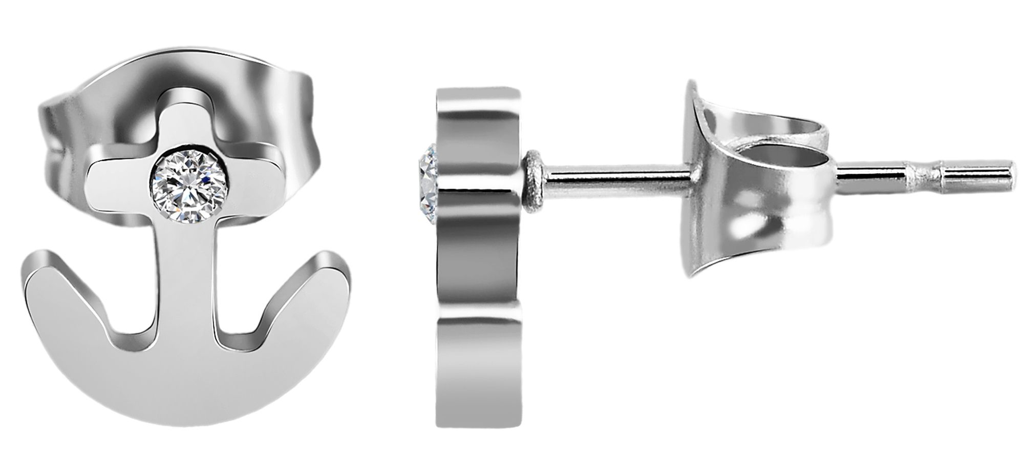 Akzent Edelstahl Ohrstecker, Anker, Similistein, silberfarben