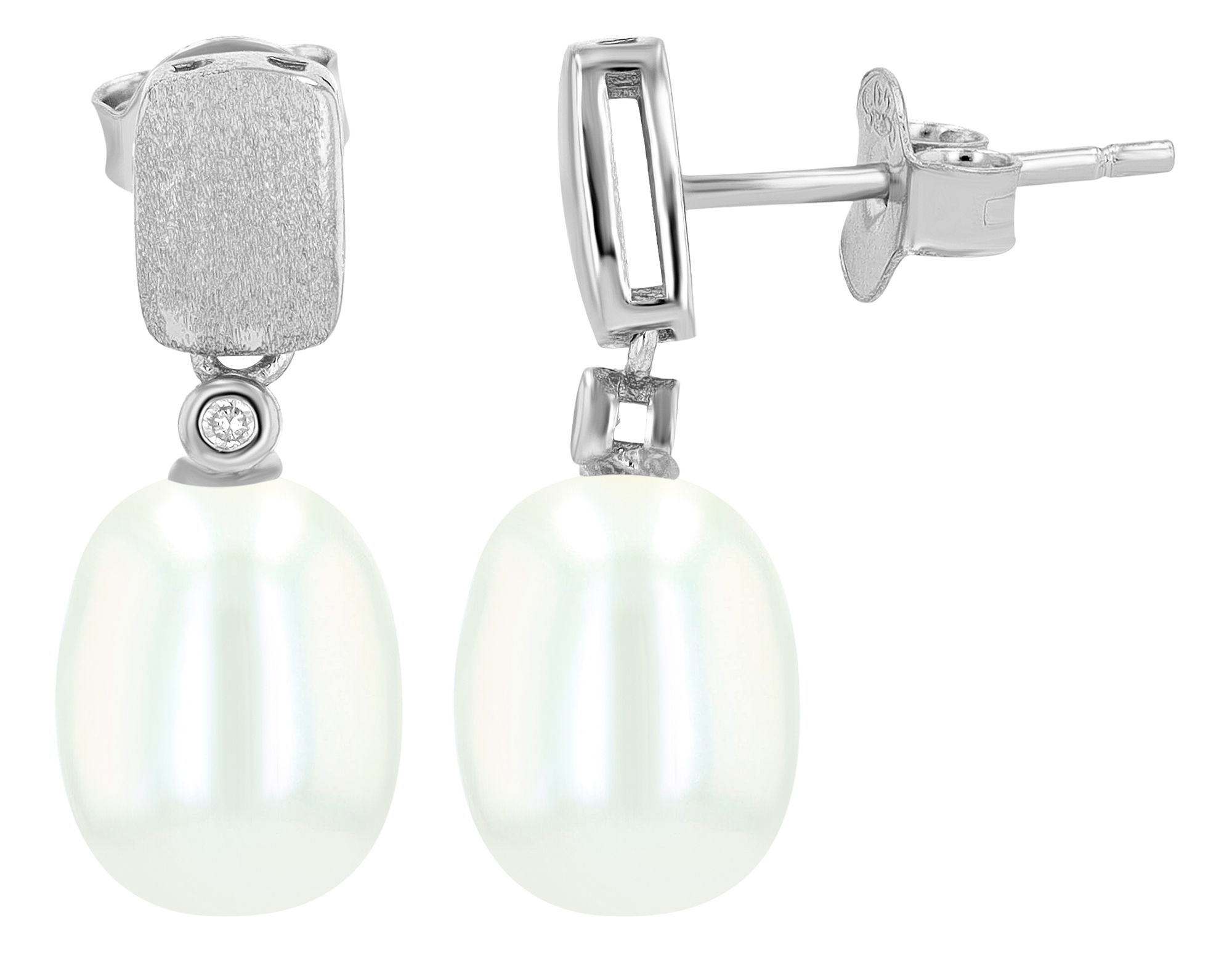 "Mella" 925/- Echt Silber Ohrstecker rhodiniert Süßwasserperle/Zirkonia