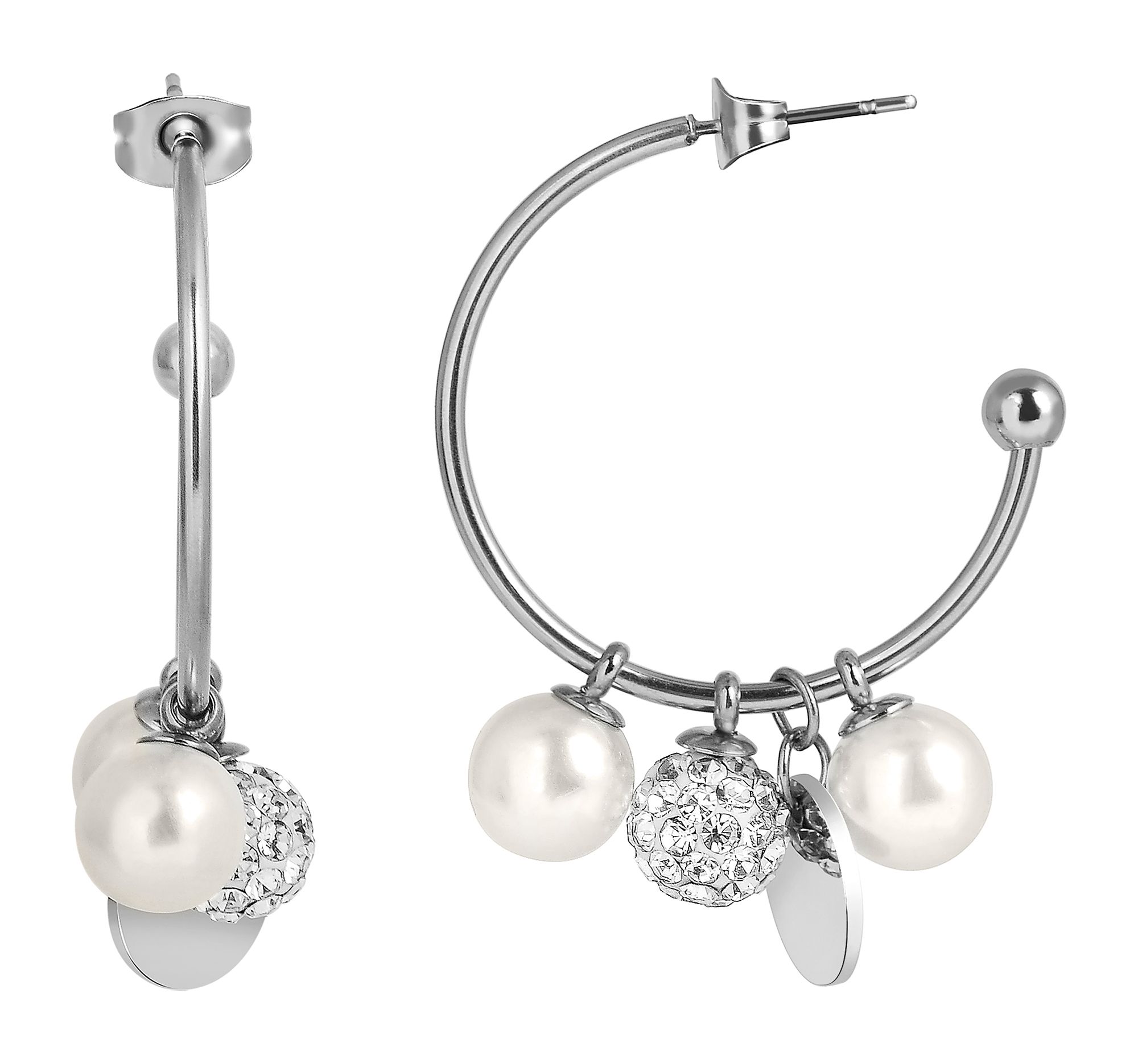 Akzent Halbcreolen, Edelstahl, Perlen,- Similibesatz, silberfarben