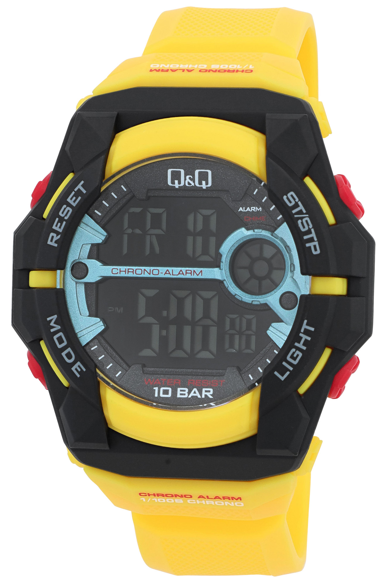 Q&Q Digitaluhr für Herren Ø 50 mm, Resinband, gelb (rote Details)