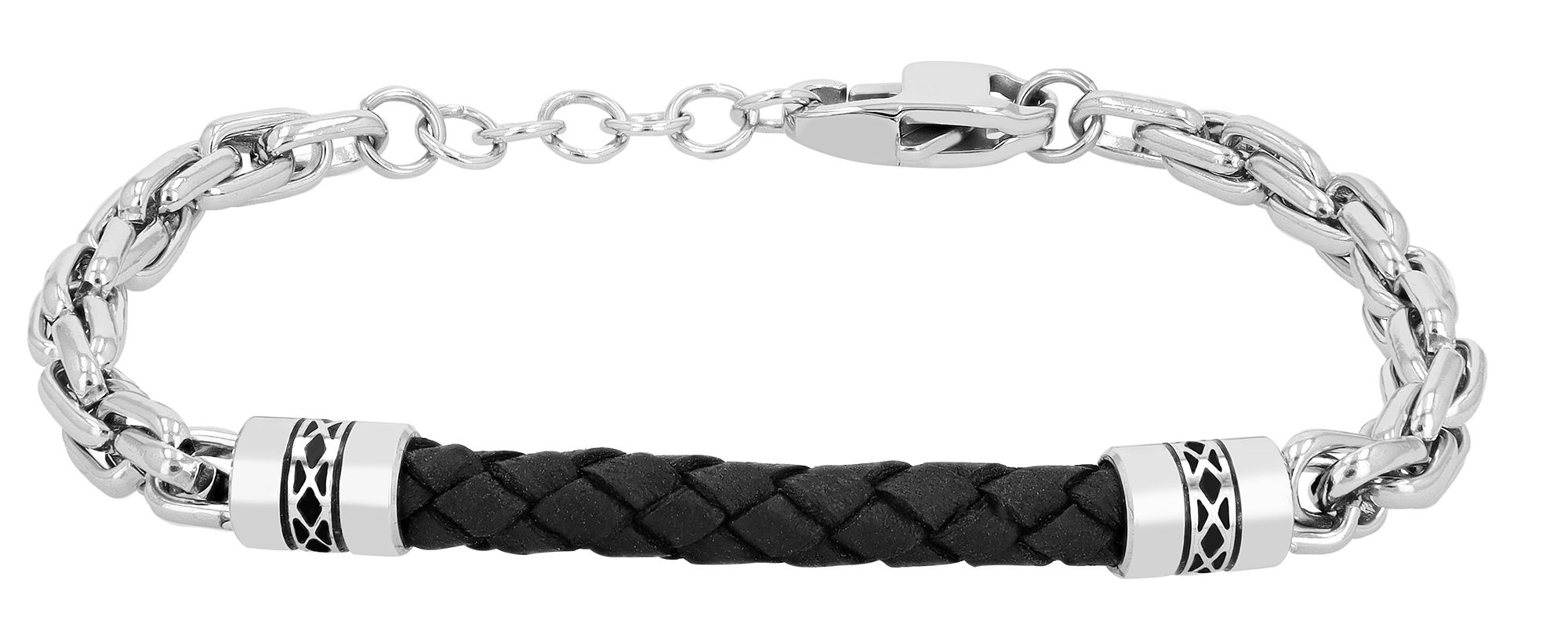 "Lionso"  Armband aus Leder und Edelstahl, silberfarben/schwarz, 19 + 3 cm