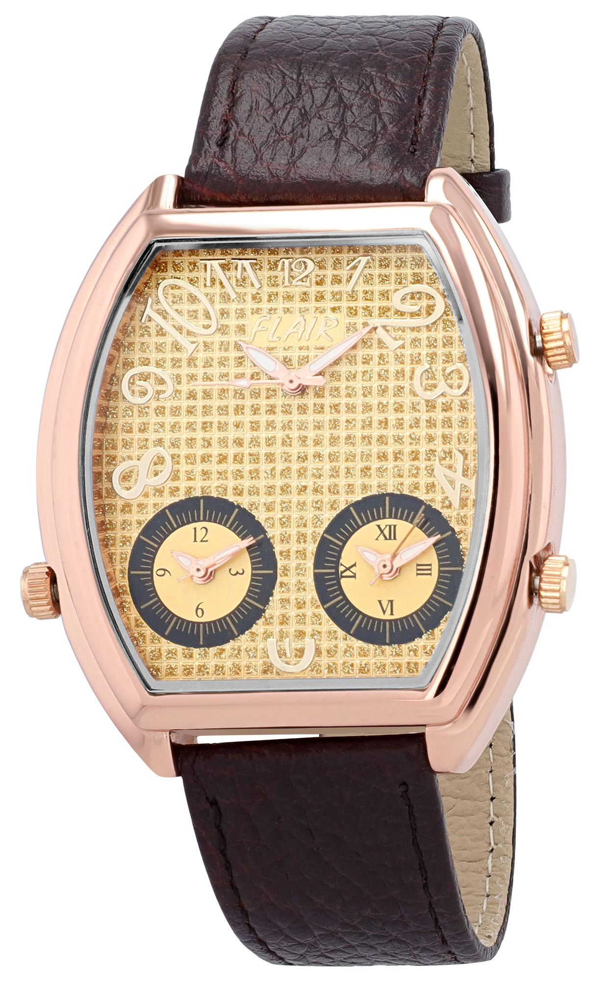 Flair Herrenuhr, Echtlederband, Triple-Time-Zone-Uhr, braun/ goldfarben