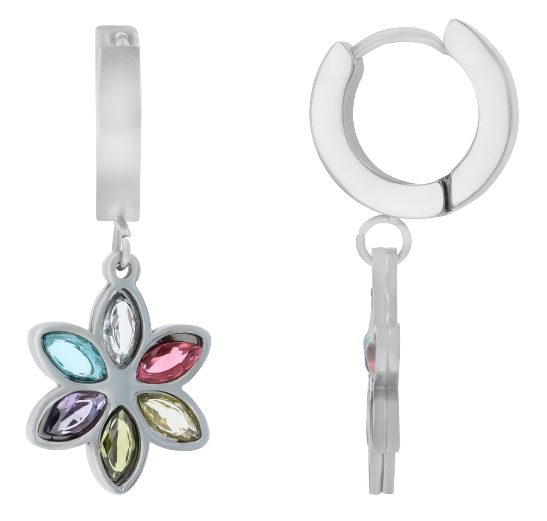 Akzent Creolen mit Blumenanhänger, mehrfarbiger Besatz, Edelstahl, silberfarben