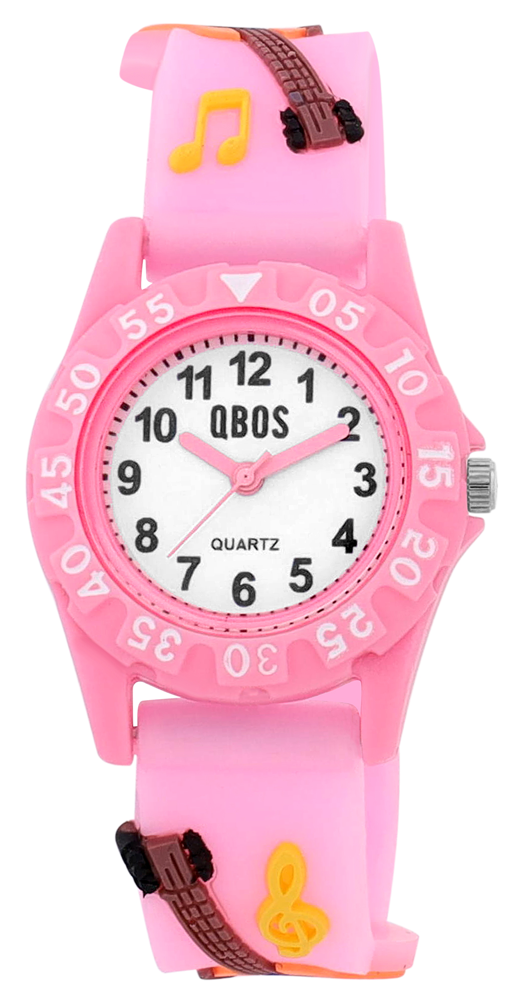 Qbos Kinderuhr mit Silikonband, bunt, Motiv Gitarre, Ø 28 mm, hellrosa