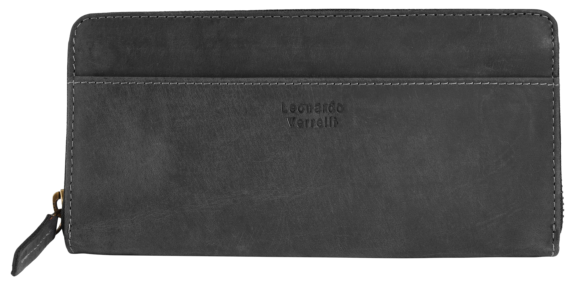 Leonardo Verrelli, Echt Leder (Vintage) Reißverschluss-Geldbörse, RFID, schwarz