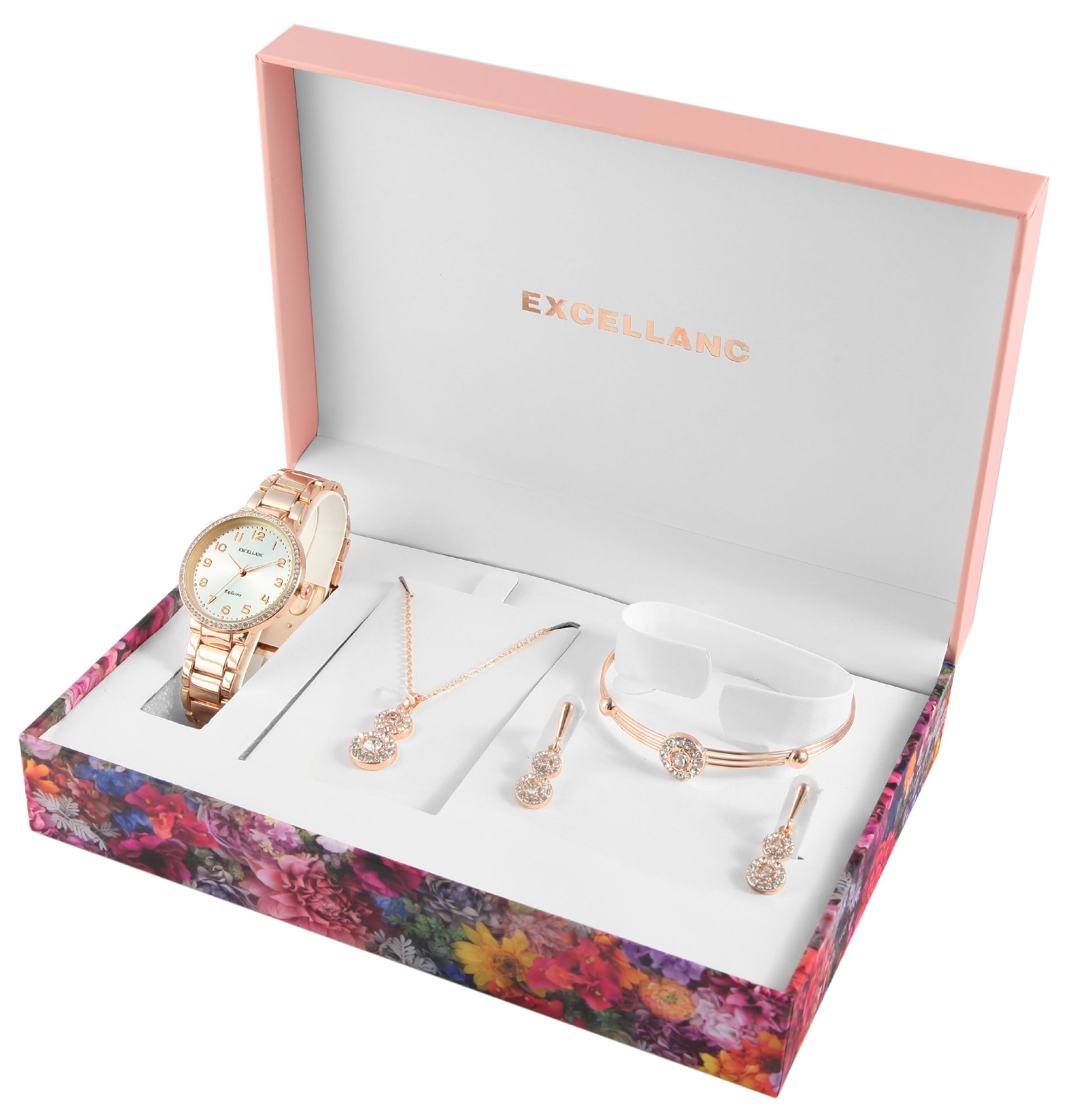 Excellanc Geschenkset mit Damenuhr, Halskette, Armreif und Ohrsteckern, roségoldfarben/weiß
