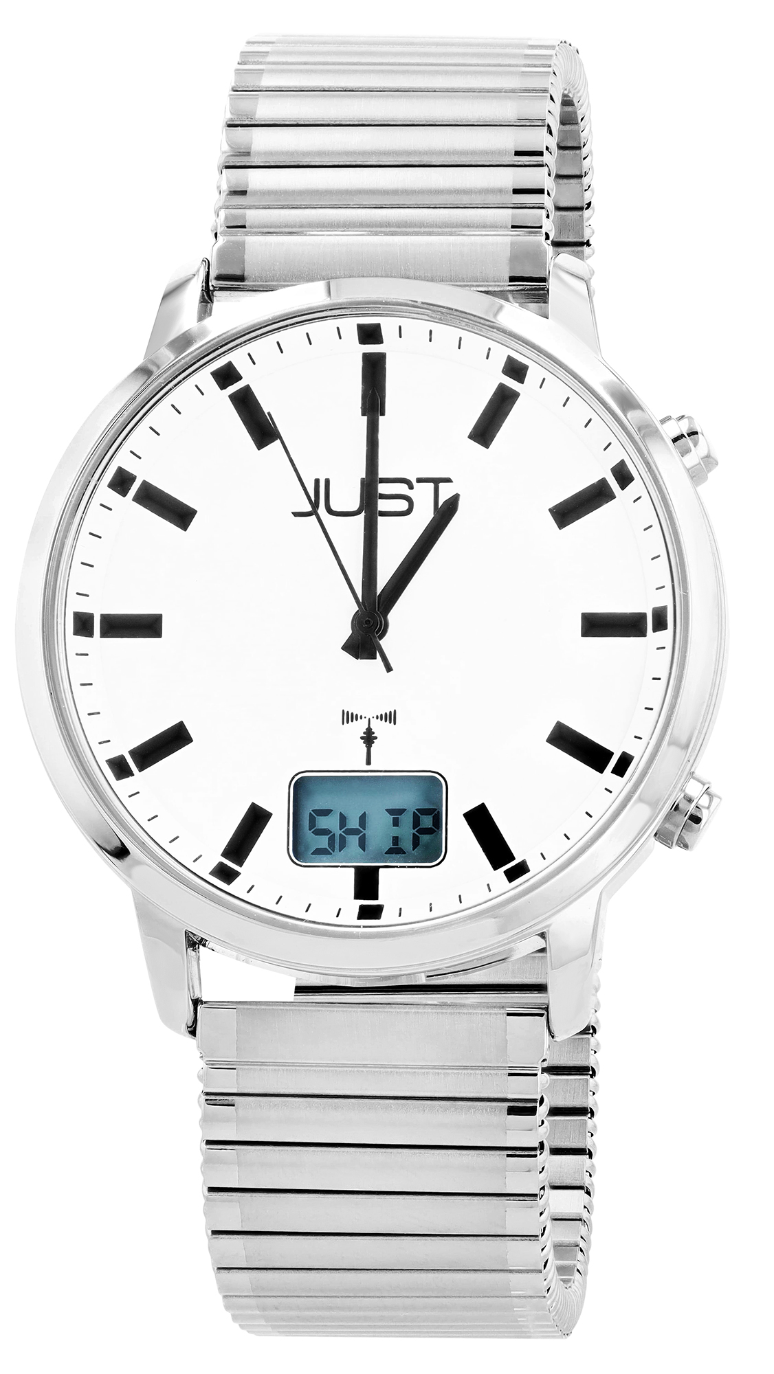 JUST Herren-Funkuhr "Vita Pura" Ø 40 mm (weißes Zifferblatt & Strichindex), Edelstahl-Zugband