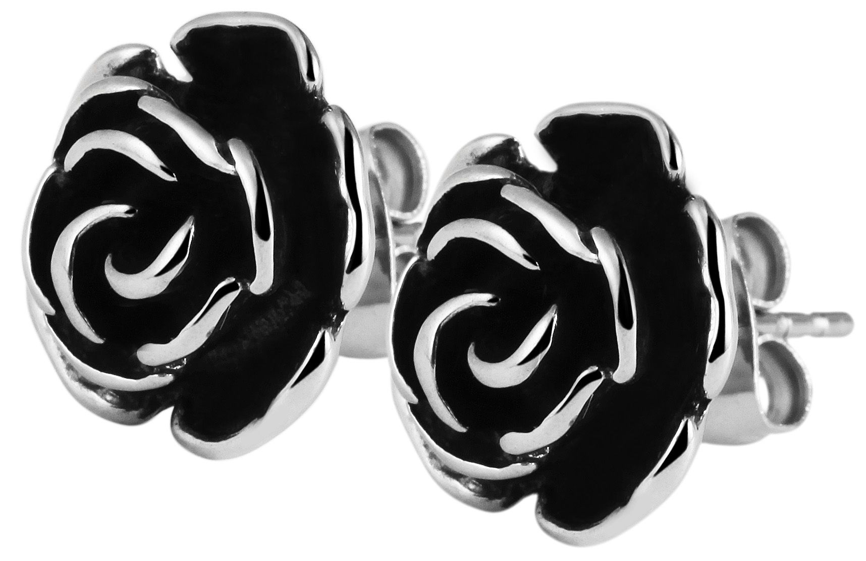 Akzent Edelstahl Ohrstecker, Blume, silberfarbig, schwarz, Durchmesser: 1,2 cm / Stärke: 0,6 cm