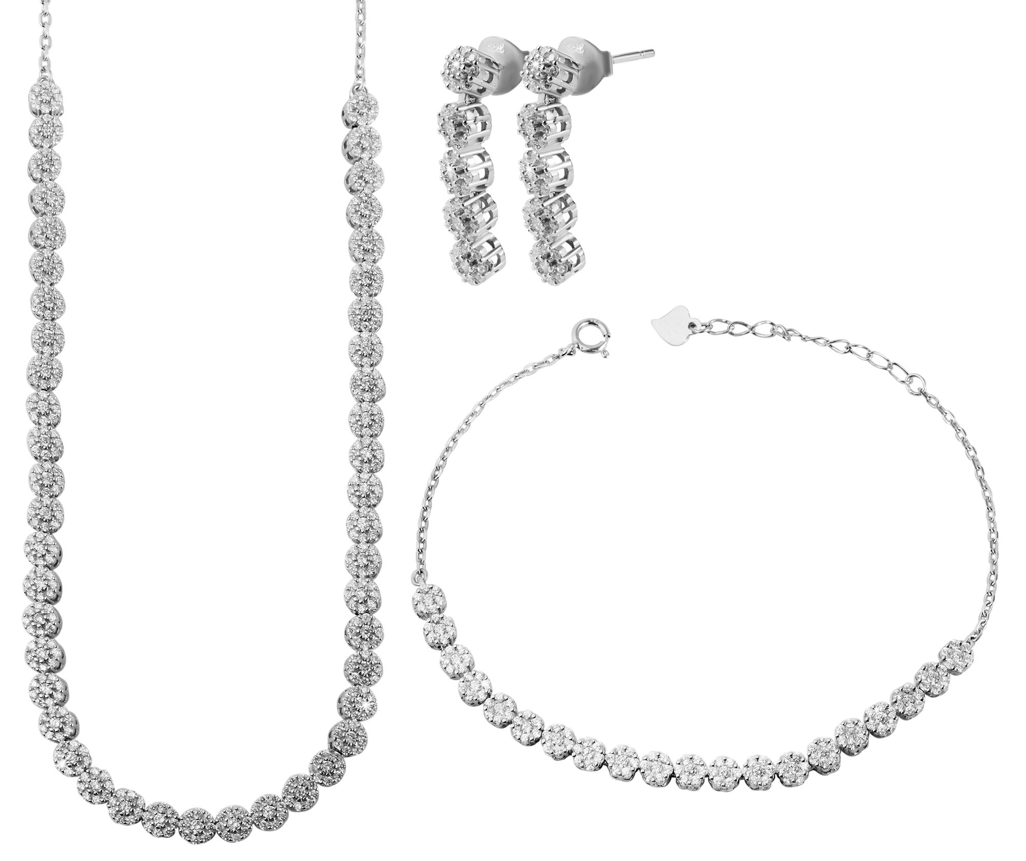 925/- Echt Silber Schmuckset "Dannika" mit Armband(17+3cm), Kette(42+3cm) und Ohrringe, 925/rhodiniert