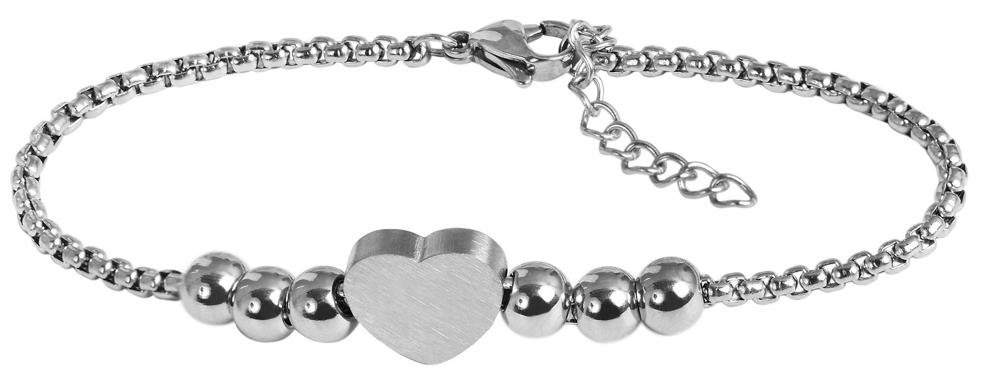 "Hilla" Armband aus Edelstahl, Edelstahlkugeln und Herzelement, silberfarben, 17 + 3 cm