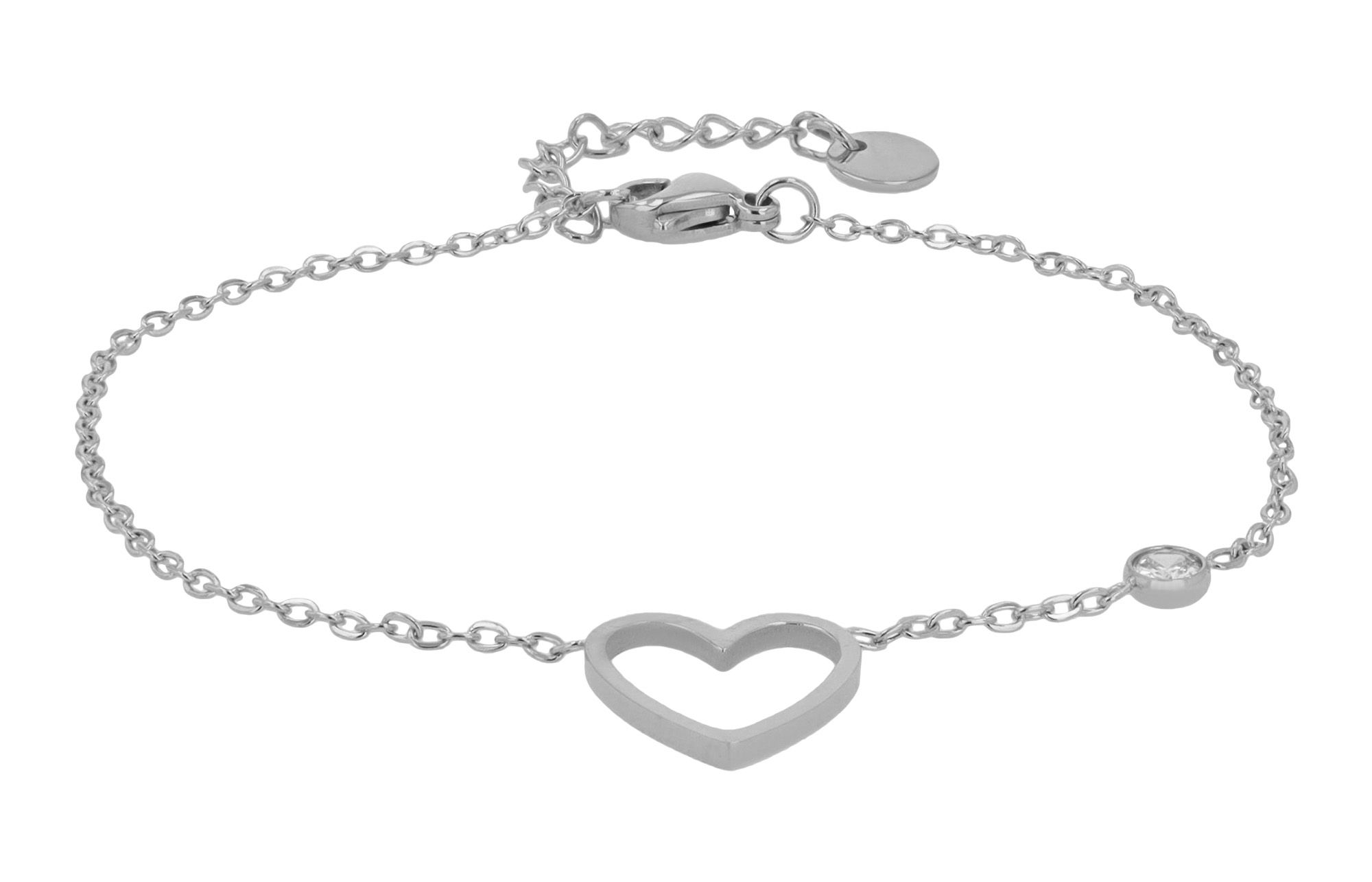 "Anjul" Akzent Armband, Herzanhänger und Zirkonia, Edelstahl, 17 + 3 cm, silberfarben