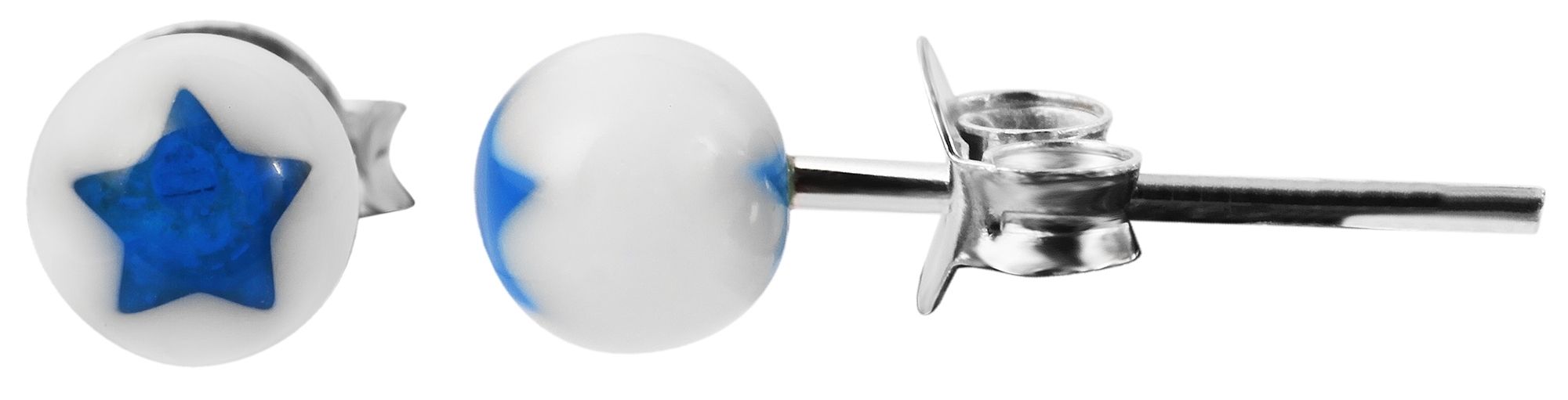 925/- Echt Silber Kinder Ohrstecker "Astrid" Perle mit Stern, weiß/blau