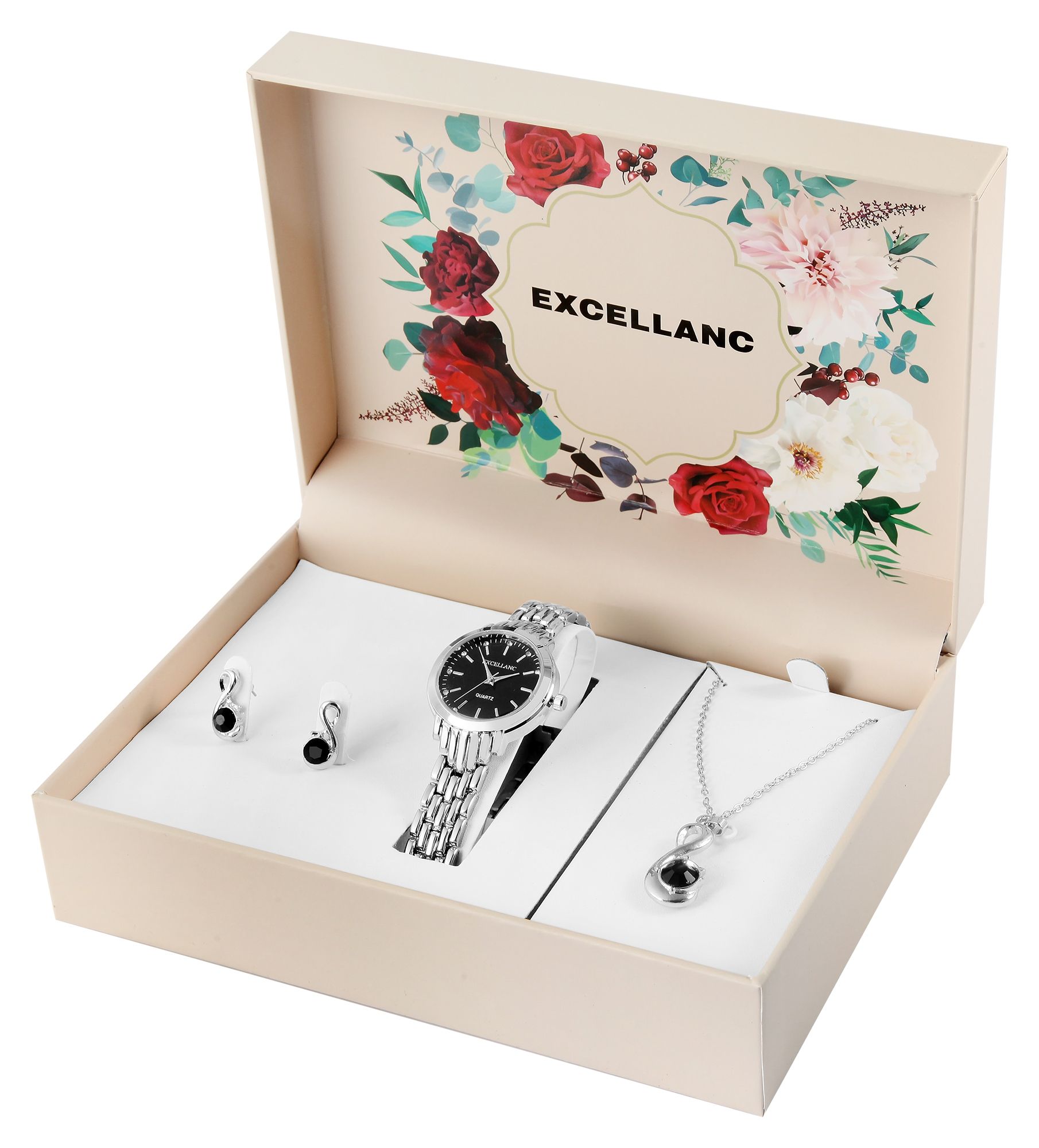 Excellanc Geschenkset mit Damenuhr, Halskette und Ohrsteckern, silberfarben/schwarz