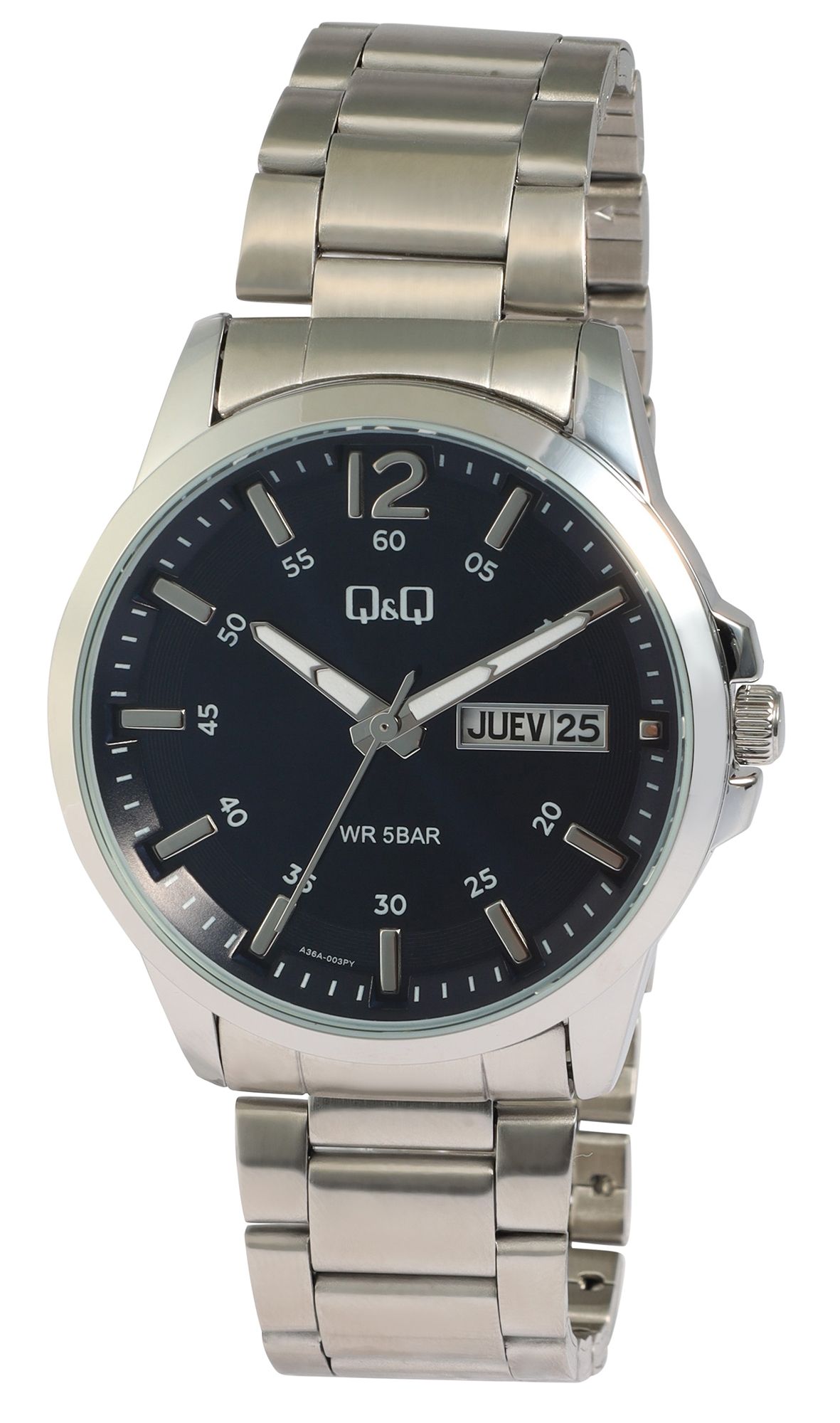 Q&Q Herrenuhr mit Edelstahlarmband, 5 ATM, spanisch & englische Wochentags- und Datumsanzeige, silberfarben/ZB dunkelblau