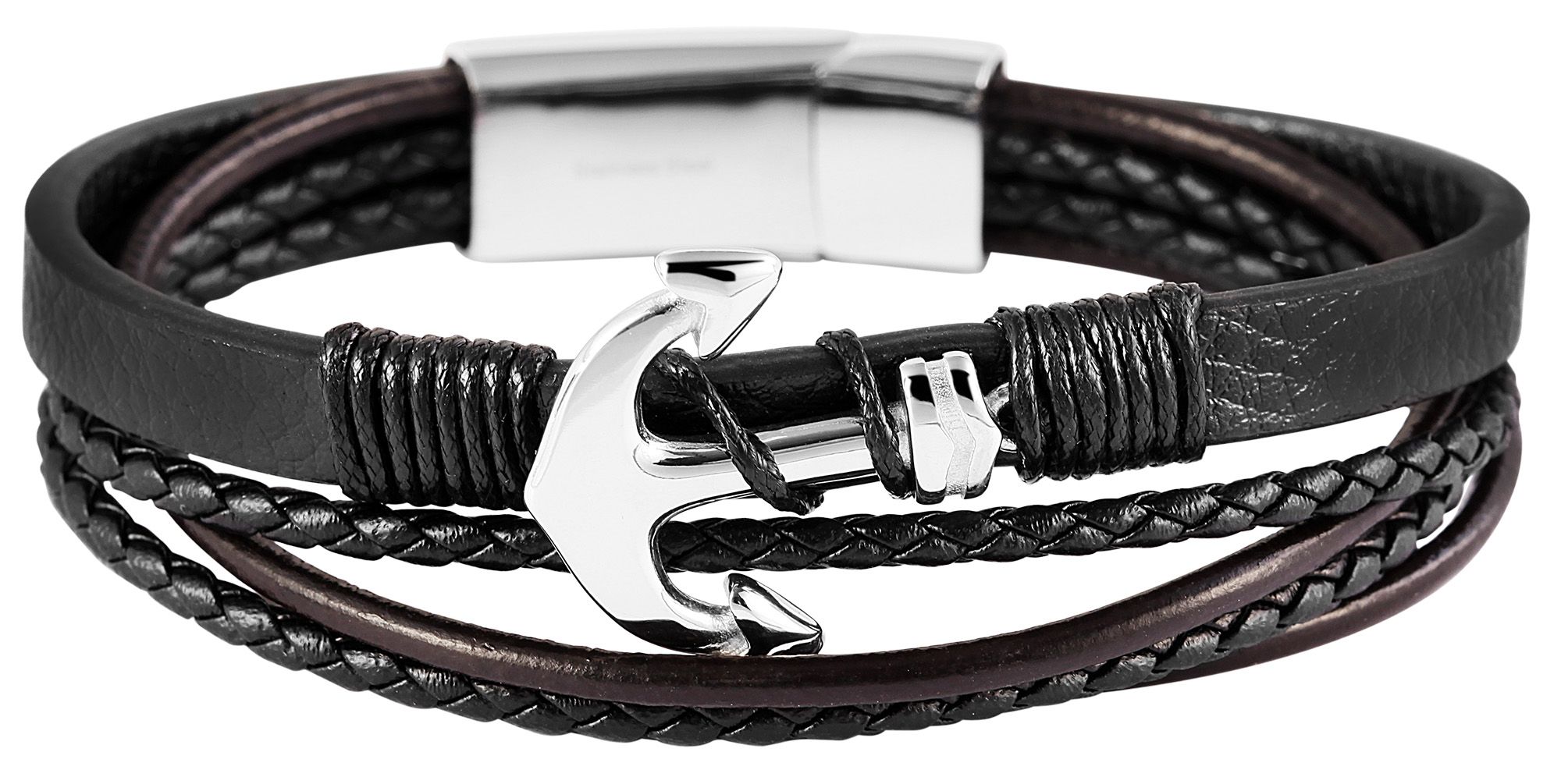Akzent Echtlederarmband in schwarz mit silberfarbenem Edelstahlelement, 22,5 cm
